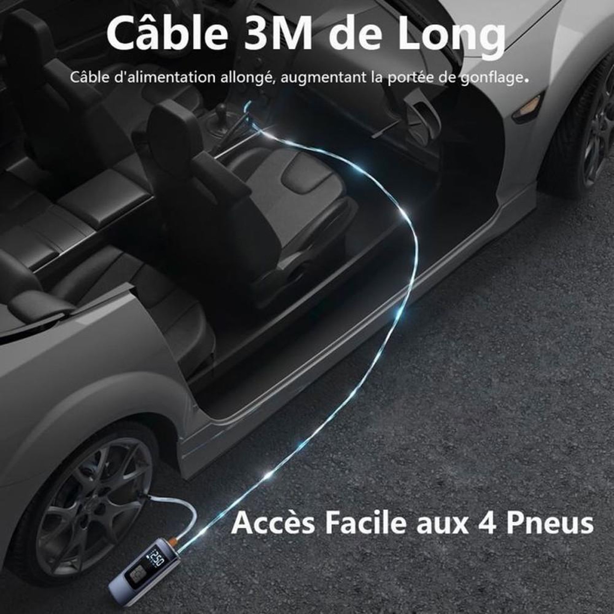 Voir la diapositive 4 : Gonfleur de pneus sans fil 150 PSI à écran LCD, 4 modes avec arrêt automatique et lampe LED, pompe électrique rechargeable USB 4000 mAh, valves universelles
