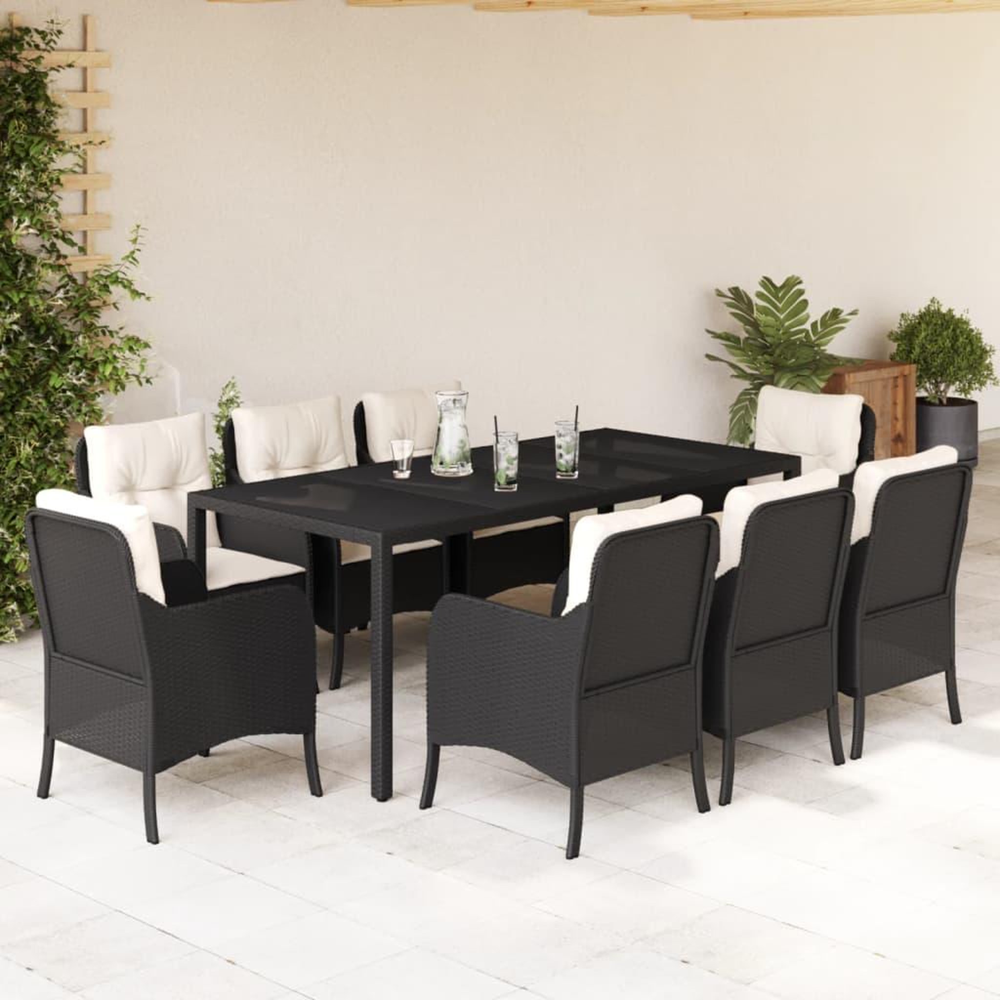 VIDAXL Ensemble a manger de jardin 9pcs coussins noir resine tressee