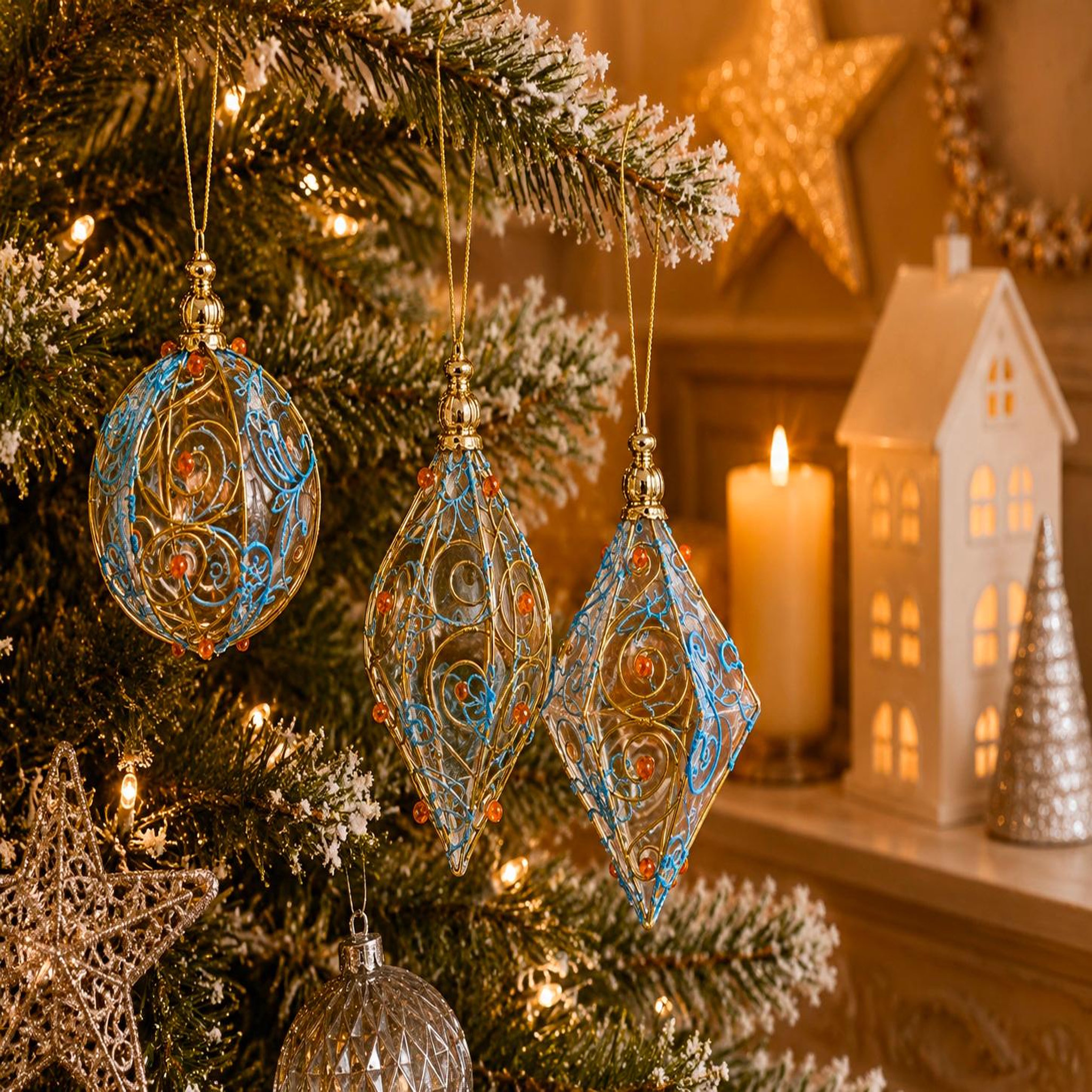 Voir la diapositive 2 : Eden Lot de 3 boules de noël en métal bleu et rouge