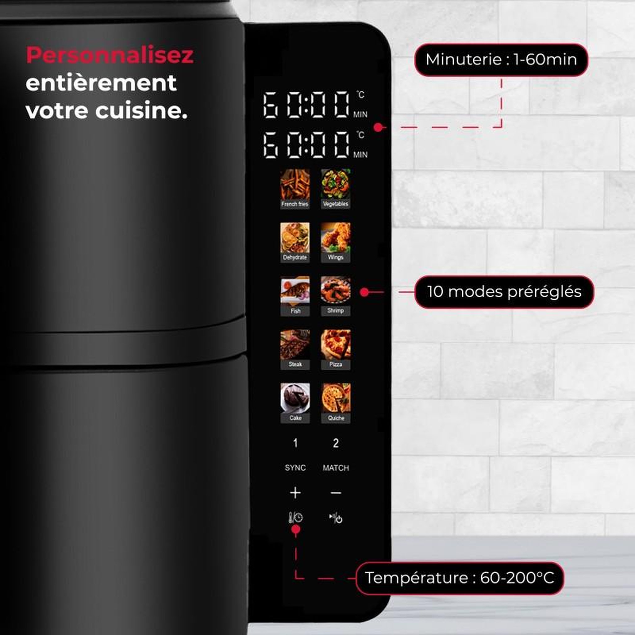 Voir la diapositive 6 : KITCHENCOOK Kitchencook - airflow 12 led - double friteuse à air verticale 12l - 10 programmes