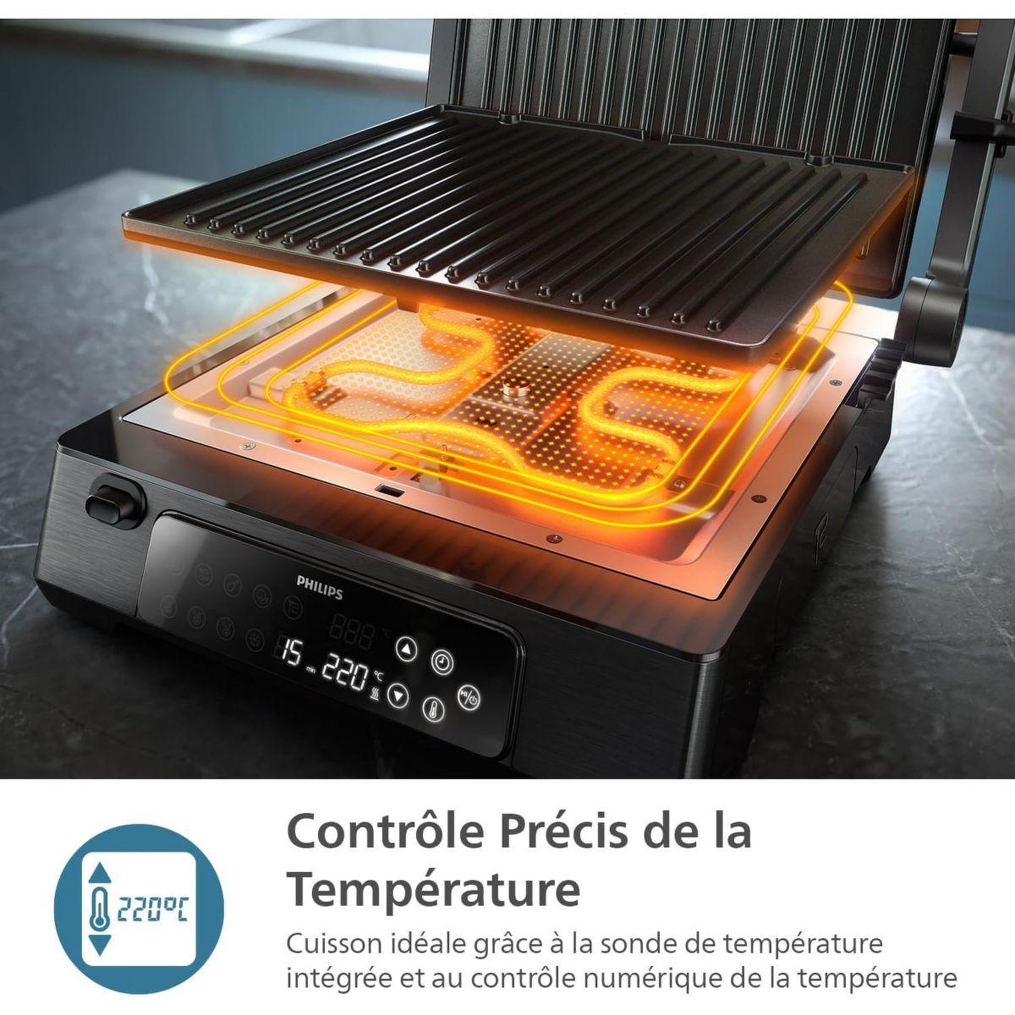 Voir la diapositive 5 : Philips Grille-viande 7000 Series HD6307/70 noir sonde de cuisson, plaques amovibles, à poser, 29x26 cm