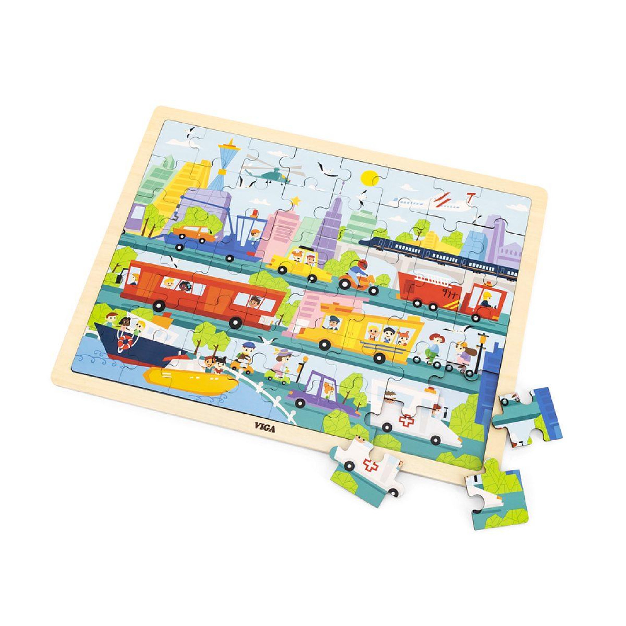Voir la diapositive 2 : VIGA Puzzle en bois 48 pièces  44582 - transports urbains