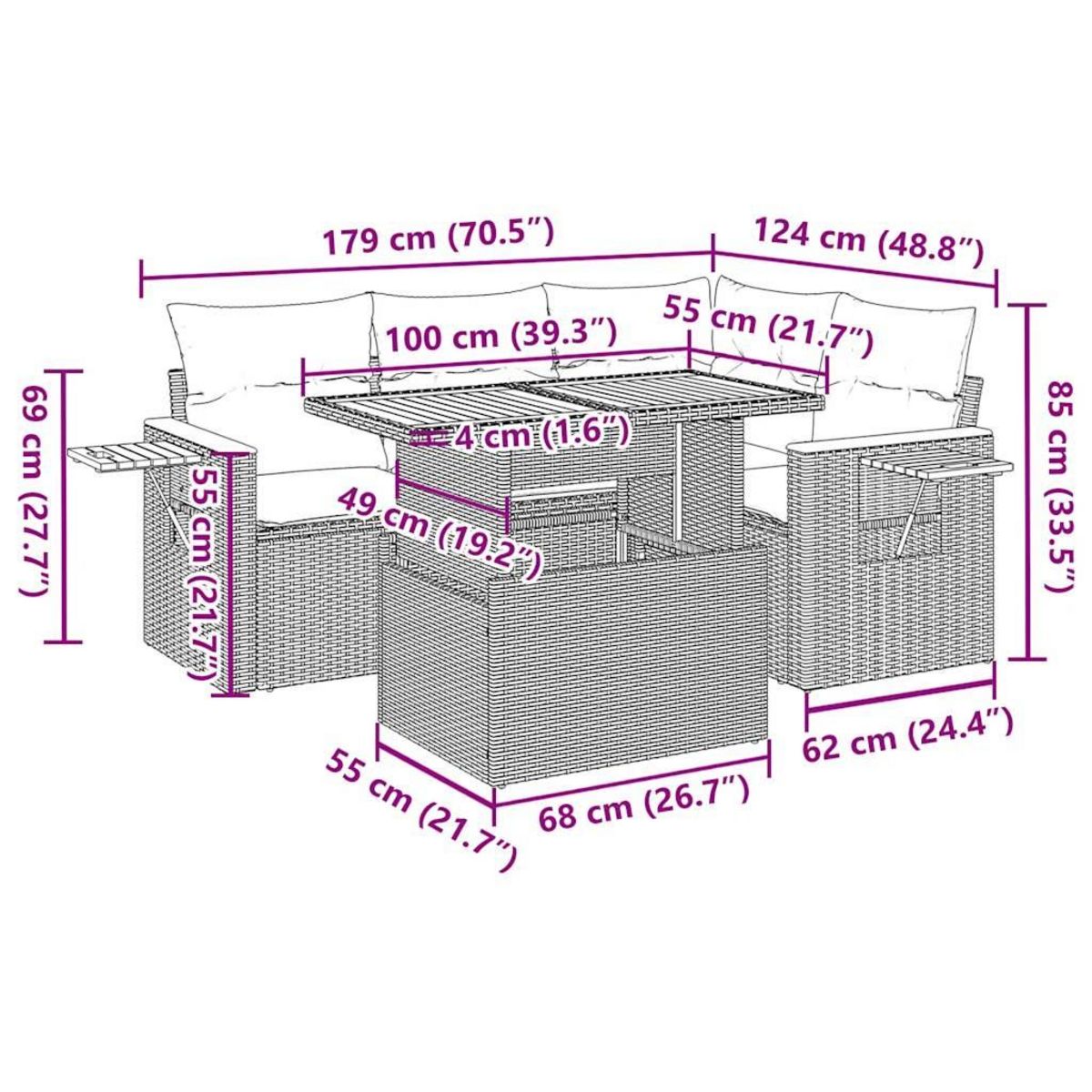 VIDAXL Salon de jardin 5 pcs avec coussins gris resine tressee acacia