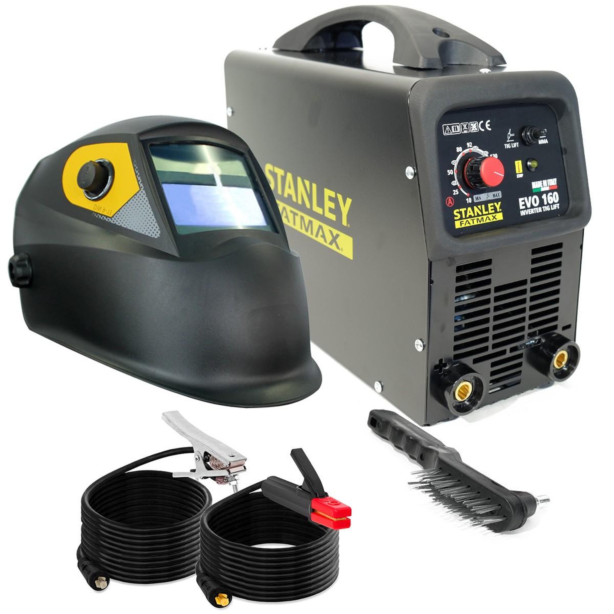Stanley Poste à souder 160 Ampères Soudure MMA / Tig lift 1.6 à 4 mm + Cagoule de Soudure Automatique 9/13 STANLEY FATMAX