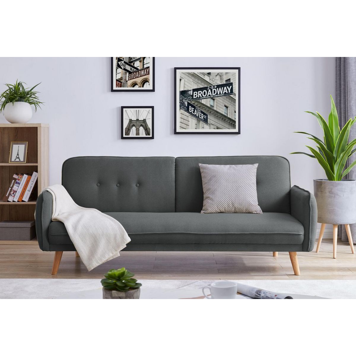 CONCEPT USINE Canapé scandinave convertible 3 places en tissu gris foncé NORA