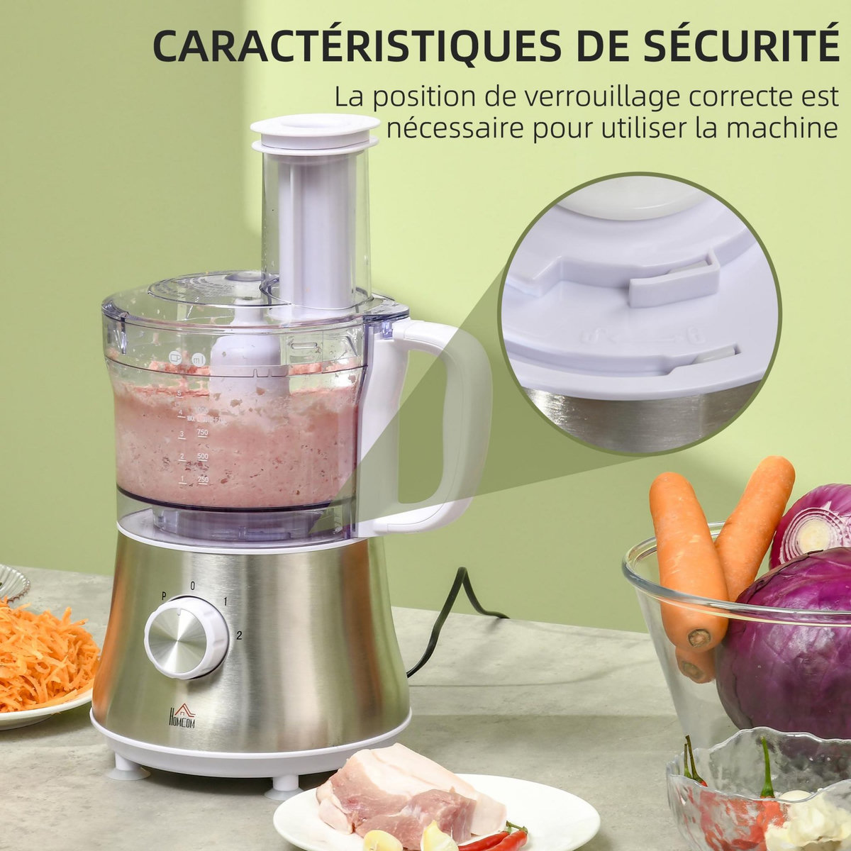 HOMCOM Robot multifonctions 500 W - robot de cuisine polyvalent - robot culinaire 1 L - hachoir, mixeur, trancheur, râpe - 2 vitesses, fonction pulse - acier inox. ABS blanc