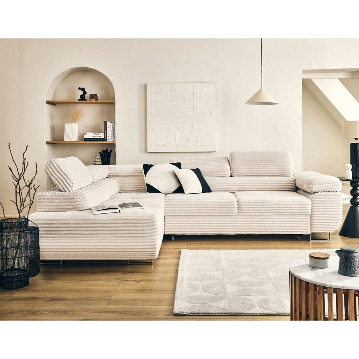 LISA DESIGN Zaria - canapé d'angle gauche 5 places convertible avec coffre et têtières en velours côtelé grosses côtes