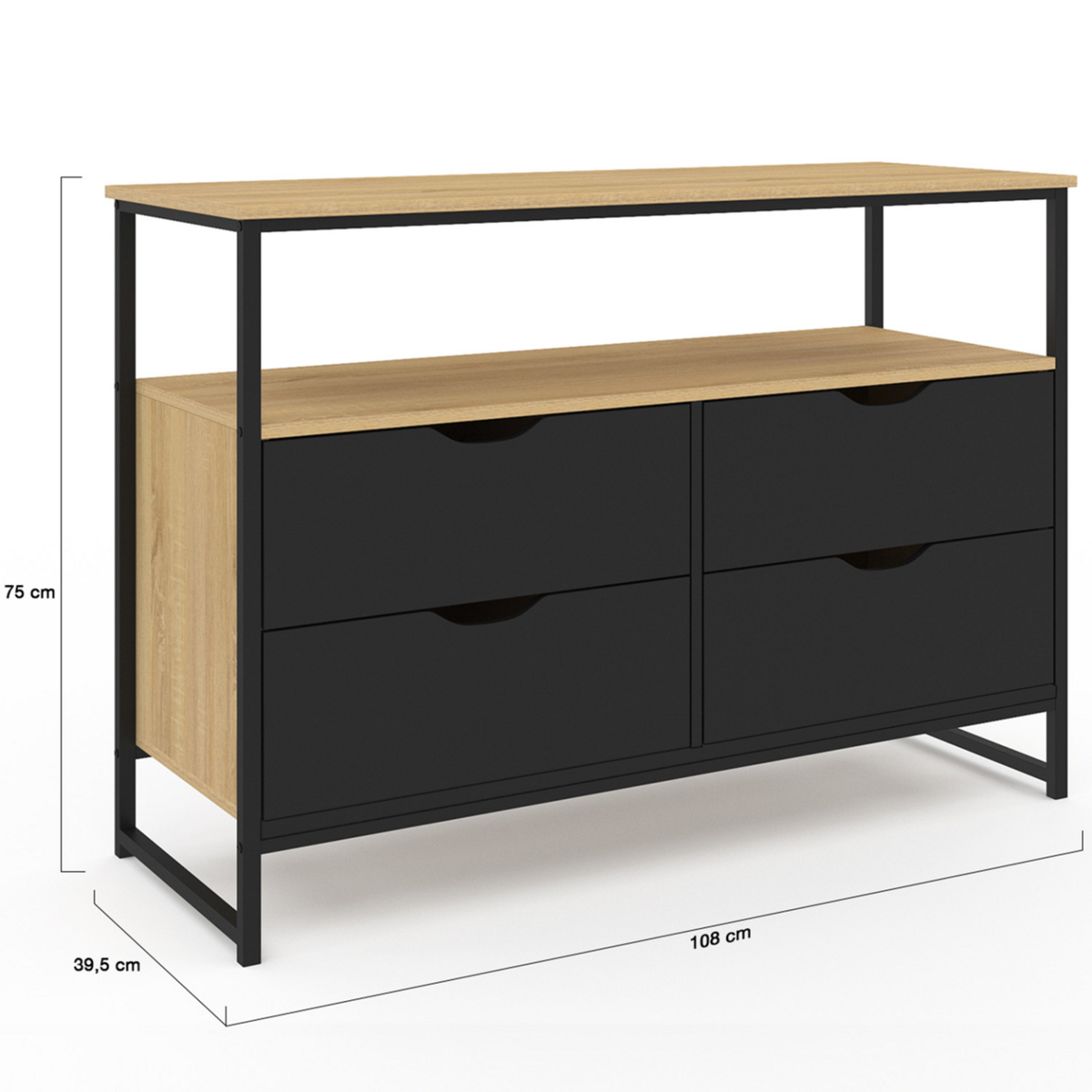 ID MARKET Commode 4 tiroirs noirs BOSTON 110 cm design industriel avec étagère