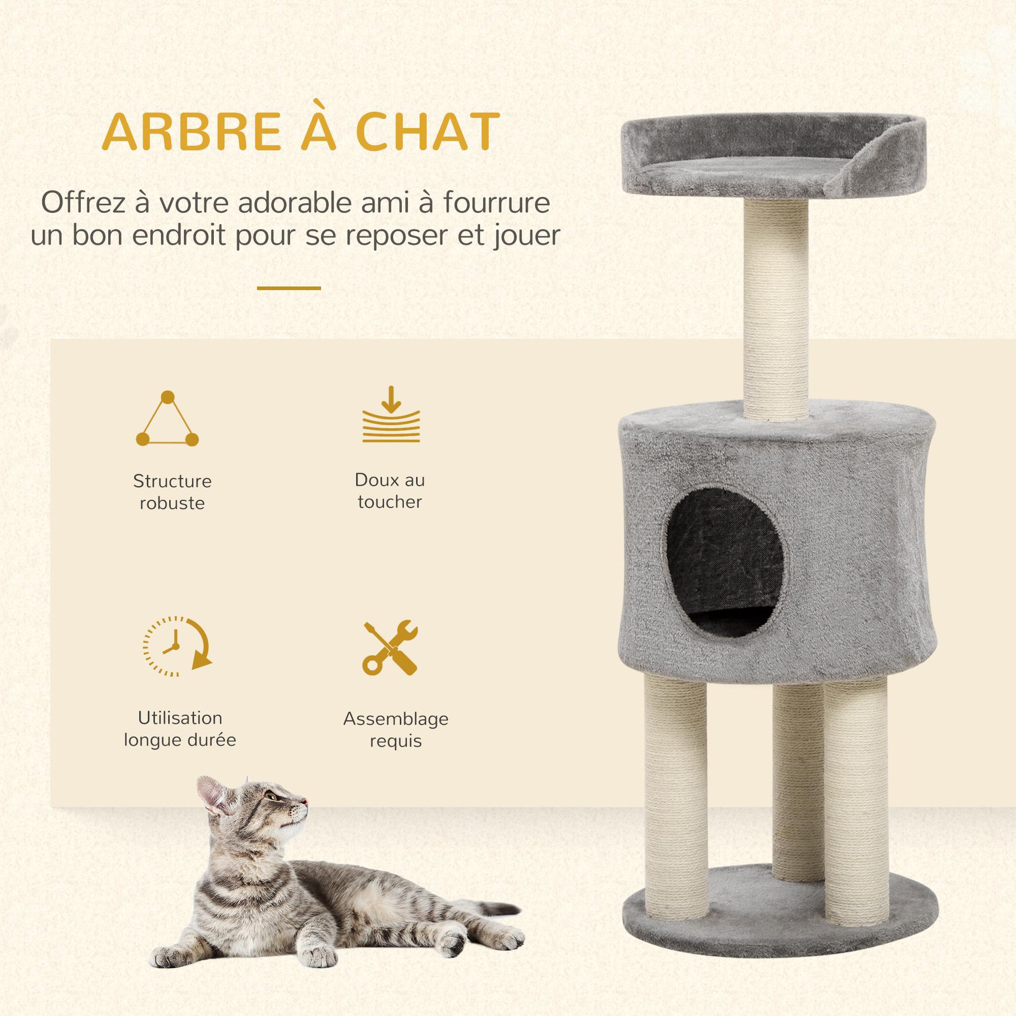 Voir la diapositive 4 : PAWHUT Arbre à chat griffoirs sisal naturel arbre à grimper h.103 cm niche plateforme d'observation peluche grise