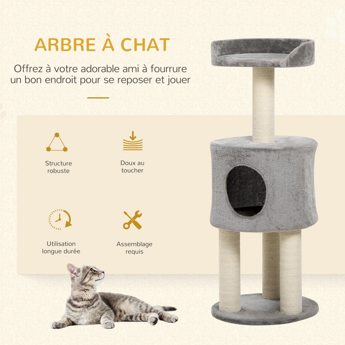 PAWHUT Arbre à chat griffoirs sisal naturel arbre à grimper H.103 cm niche plateforme d'observation peluche grise