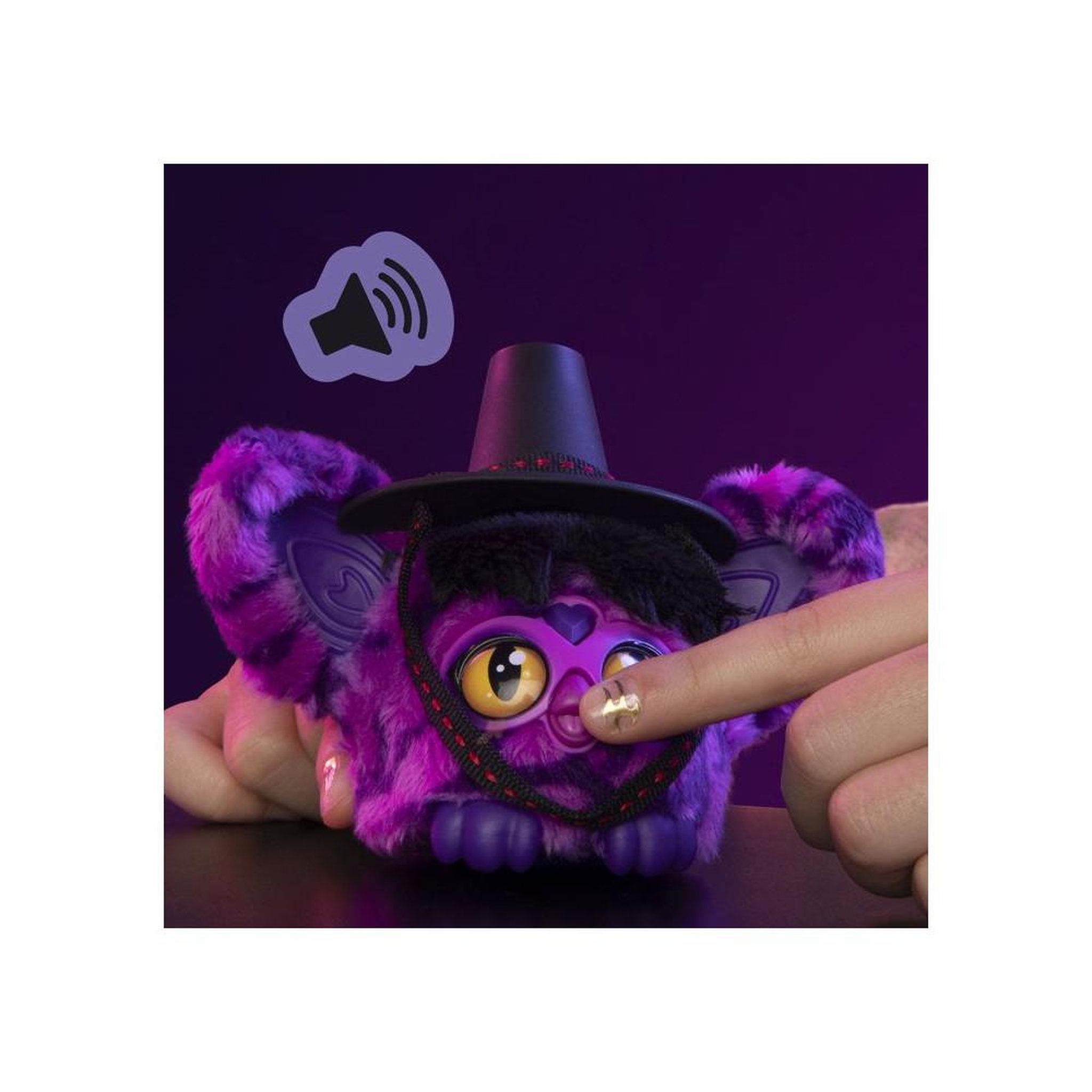 Voir la diapositive 3 : Peluche électronique mini Furby Furblets Démon Saja Boys 7,5 cm violette noire, chapeau amovible et porte-clés, plus de 45 sons en furbish