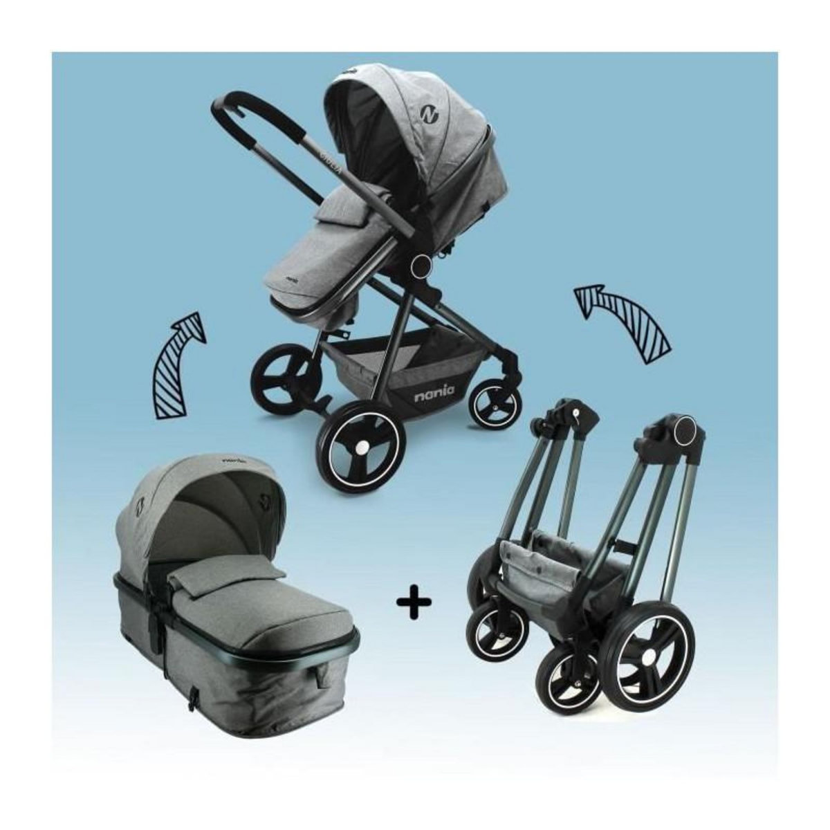 NANIA Poussette combinée 3 en 1 NANIA GIULIA + Siege auto BEONE EVO R129 40-85 cm - Nacelle de 0 a 6 mois