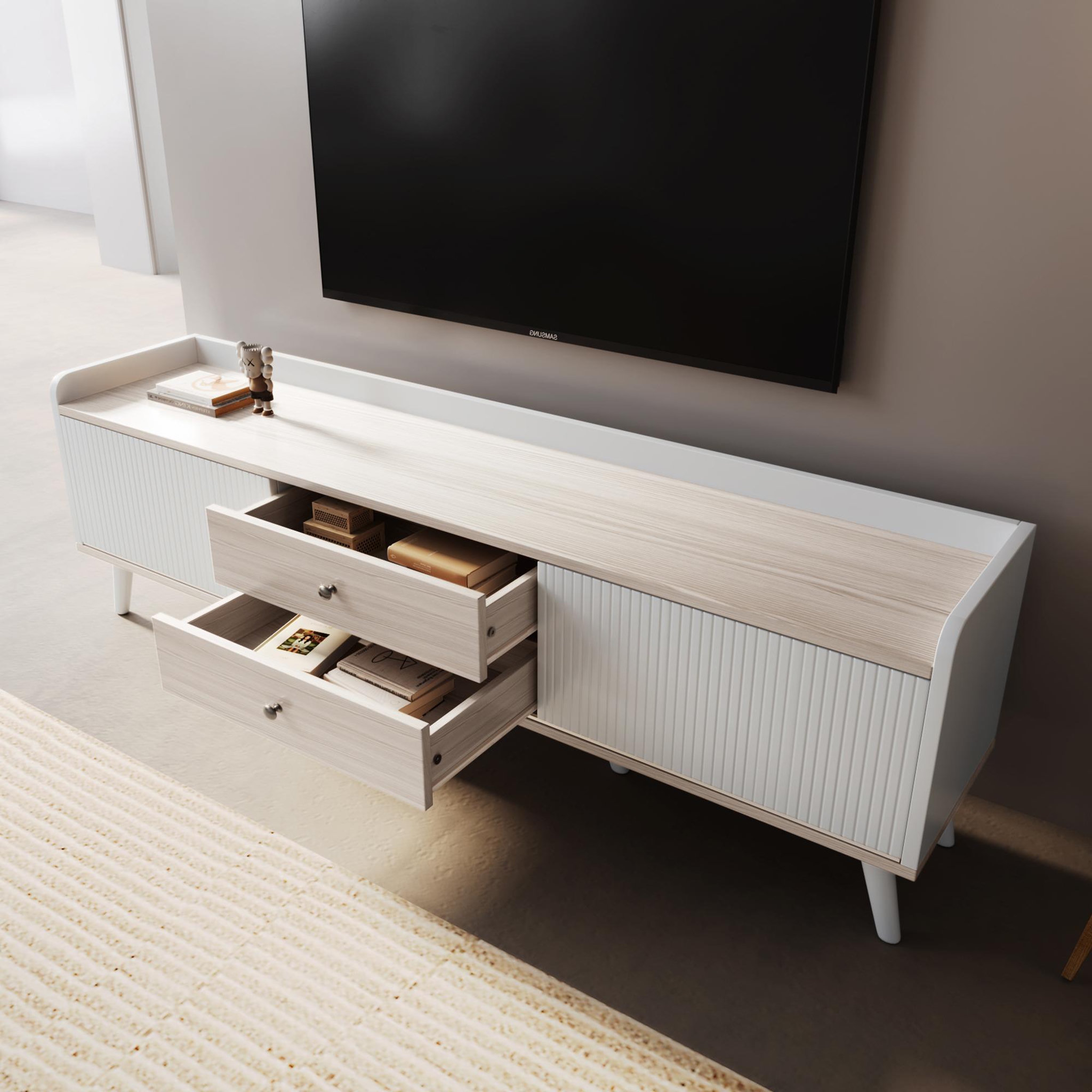 Voir la diapositive 5 : MERAX Meuble tv blanc 160cm panneaux de particules