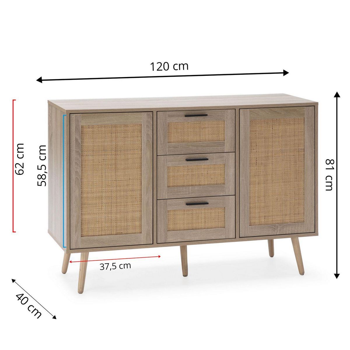 VS VENTA-STOCK Buffet Dalia 3 tiroirs et 2 portes couleur chêne, 120 cm longueur