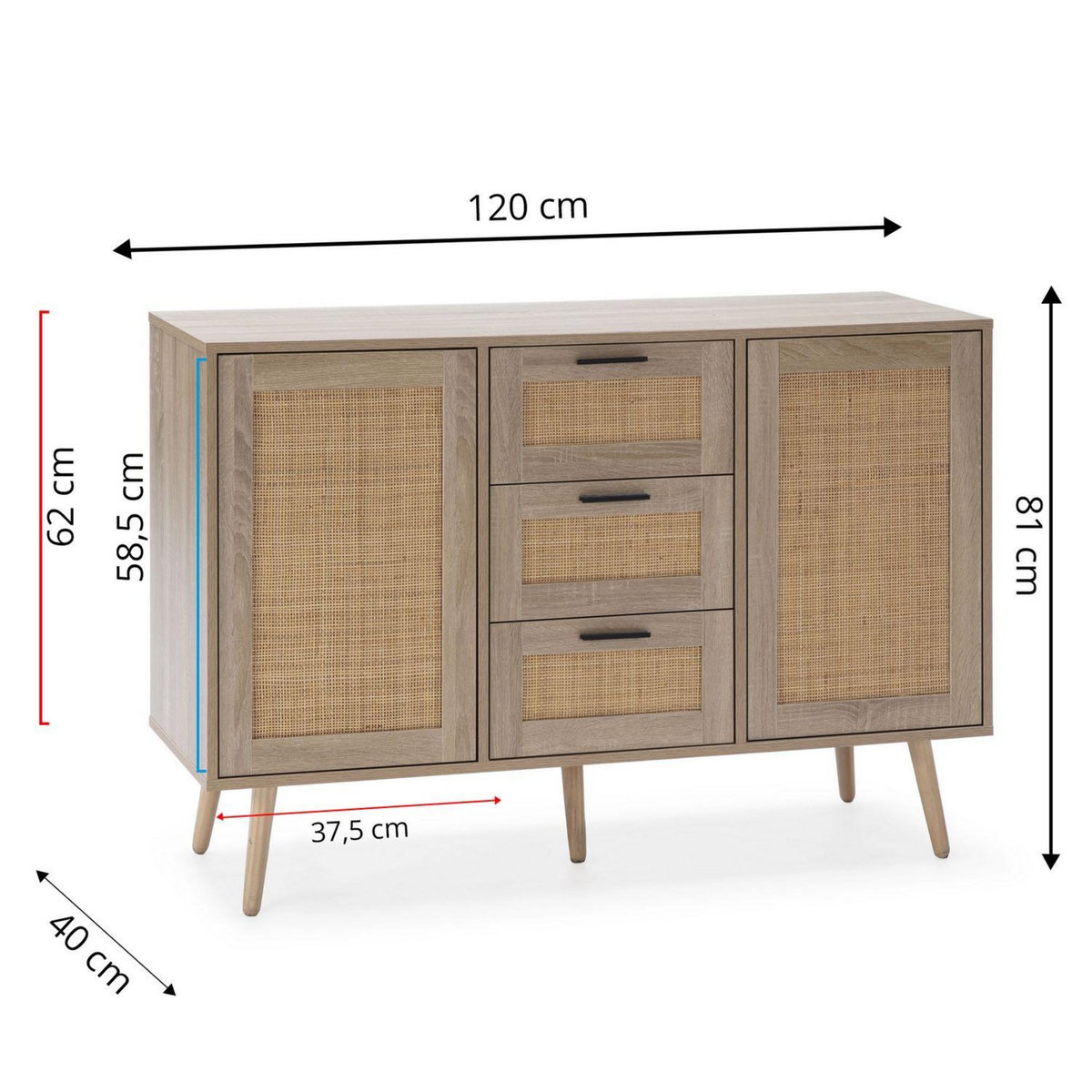 VS VENTA-STOCK Buffet Dalia 3 tiroirs et 2 portes couleur chêne, 120 cm longueur
