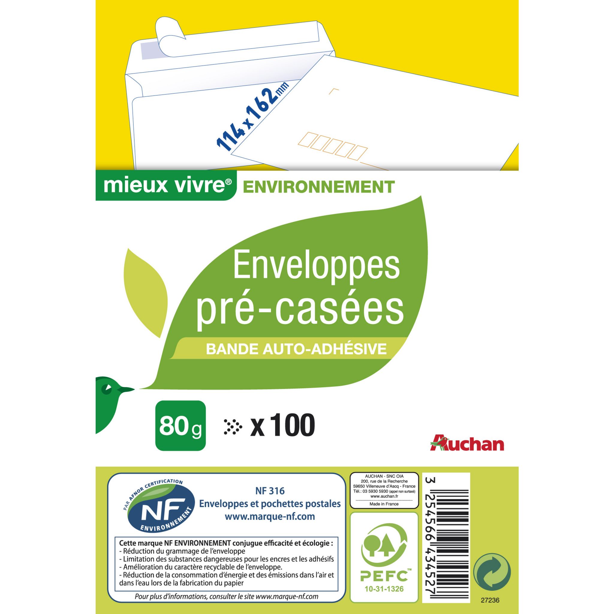 AUCHAN Lot de 100 enveloppes pré-casées 11.4x16.2cm - blanc