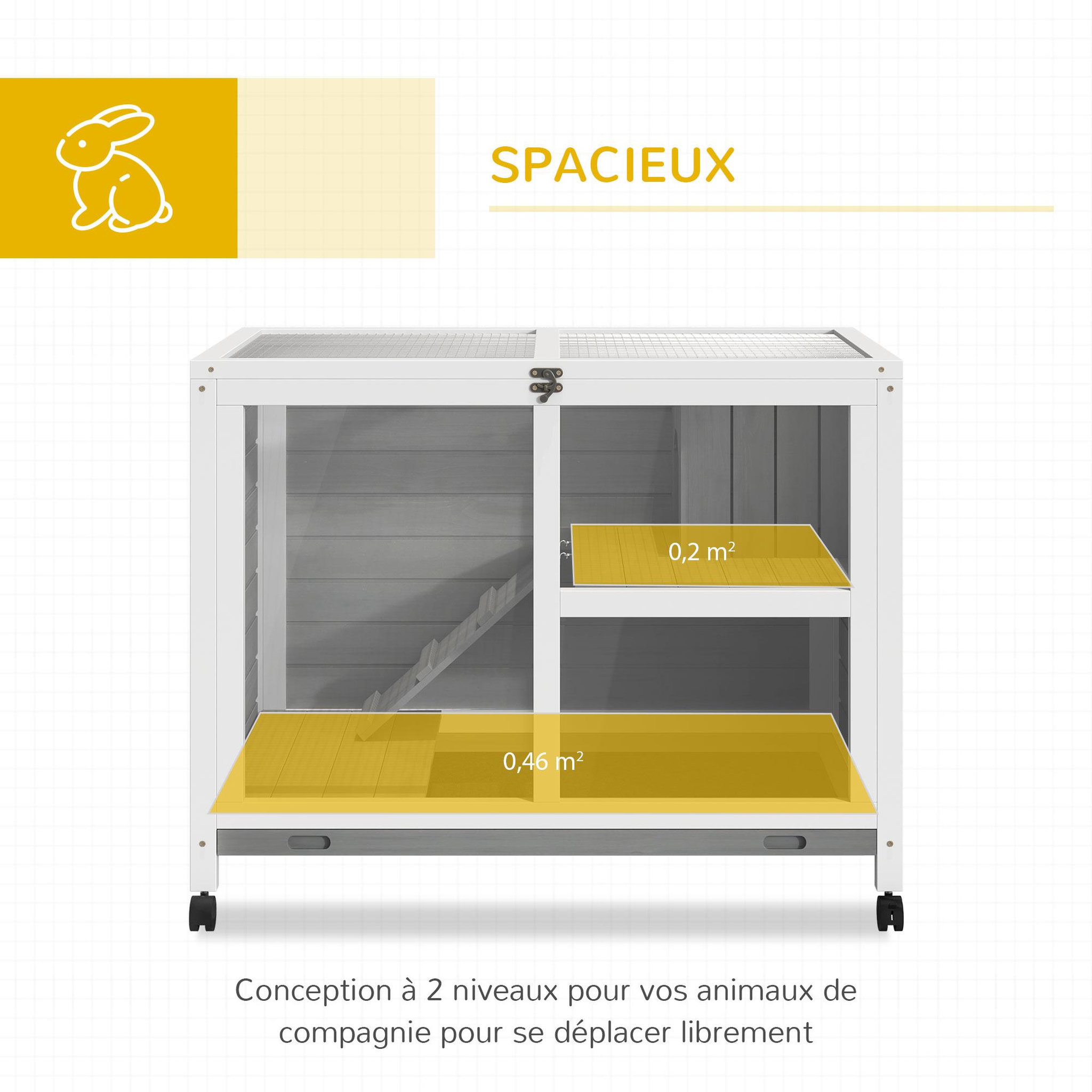 Voir la diapositive 4 : PAWHUT Clapier à lapin sur roulettes cage à lapin 2 niveaux toit ouvrant verrouillable plateau déjection coulissant rampe niche bois de sapin gris blanc
