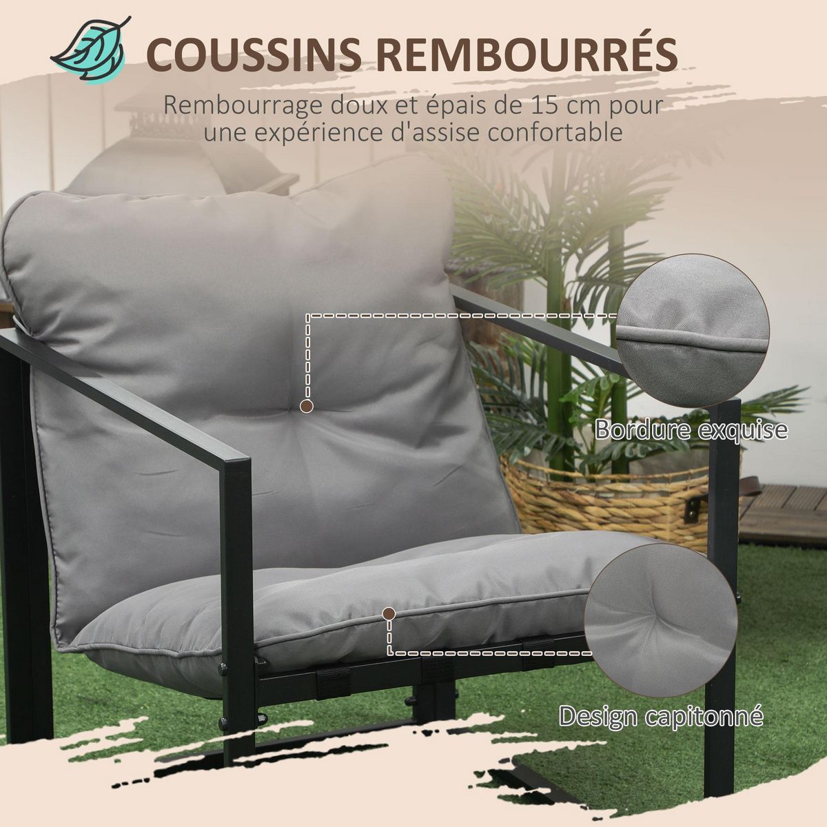 OUTSUNNY Salon de jardin 4 personnes - 4 pièces, 3 coussins - acier époxy noir polyester gris