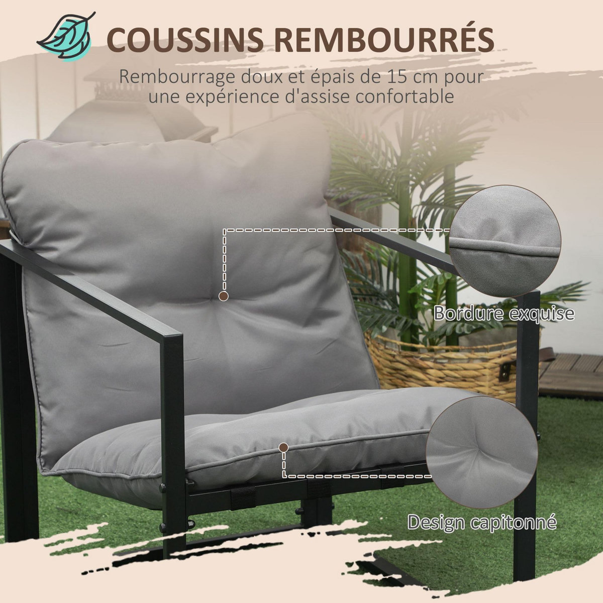 OUTSUNNY Salon de jardin 4 personnes - 4 pièces, 3 coussins - acier époxy noir polyester gris
