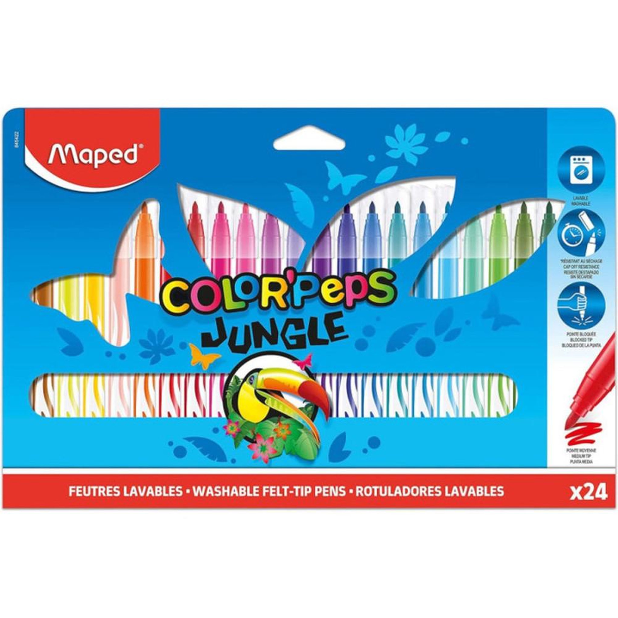 MAPED Lot de 24 feutres lavables à pointe feutre ColorPeps Jungle, couleurs vives pour dessins créatifs enfants dès 3 ans
