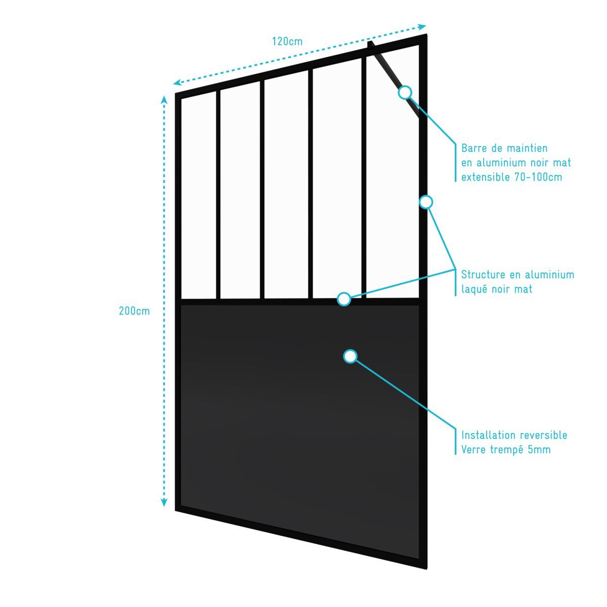 Aurlane Paroi de douche à l'italienne style verrière 120x200 cm - BLACK INDUS 120