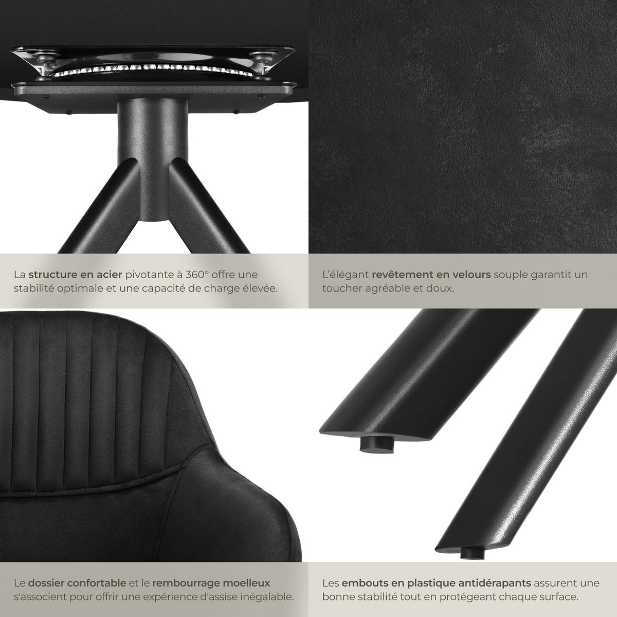 tectake Chaise pivotante en velours rembourrée noir/noir Lot de 2