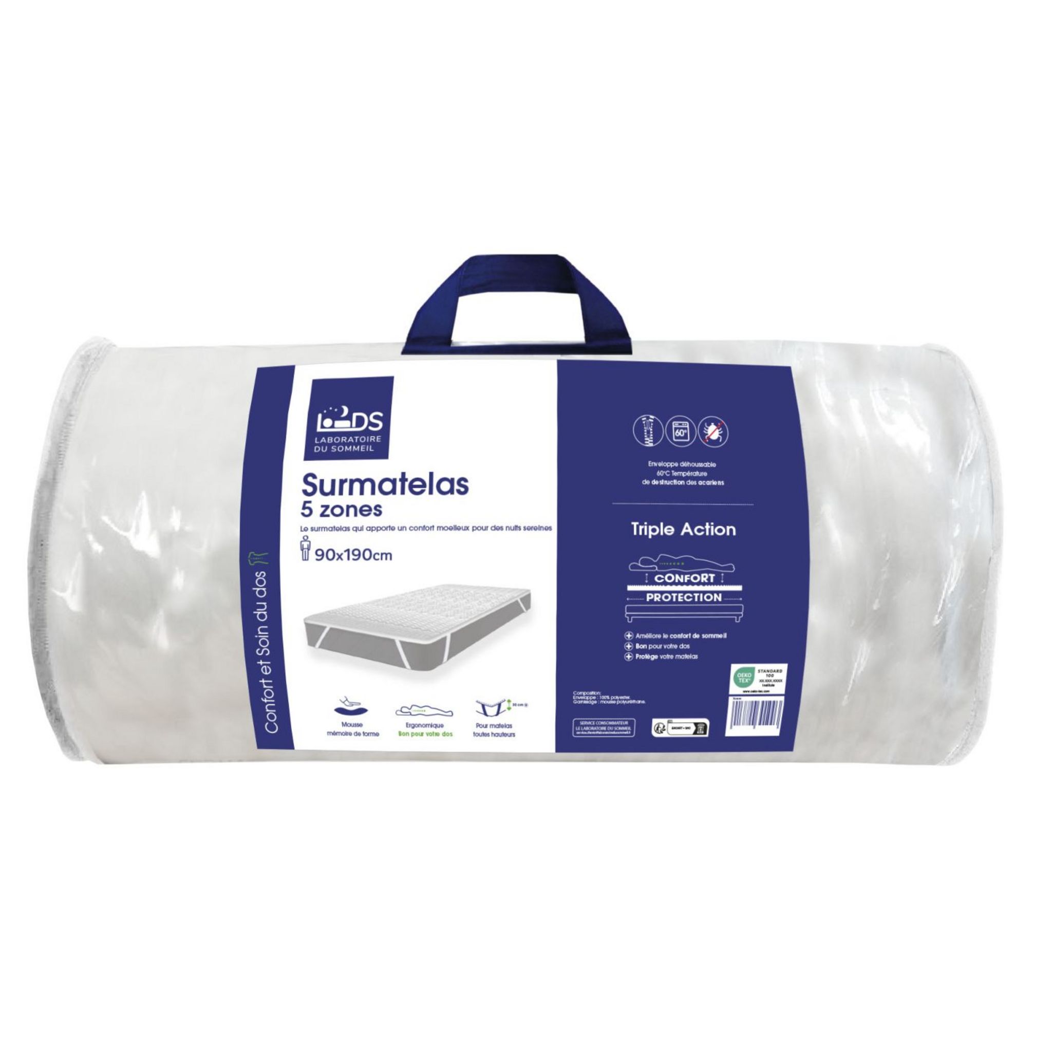 LABORATOIRE DU SOMMEIL Surmatelas à mémoire de forme 5 zones de confort . Coloris disponibles : Blanc