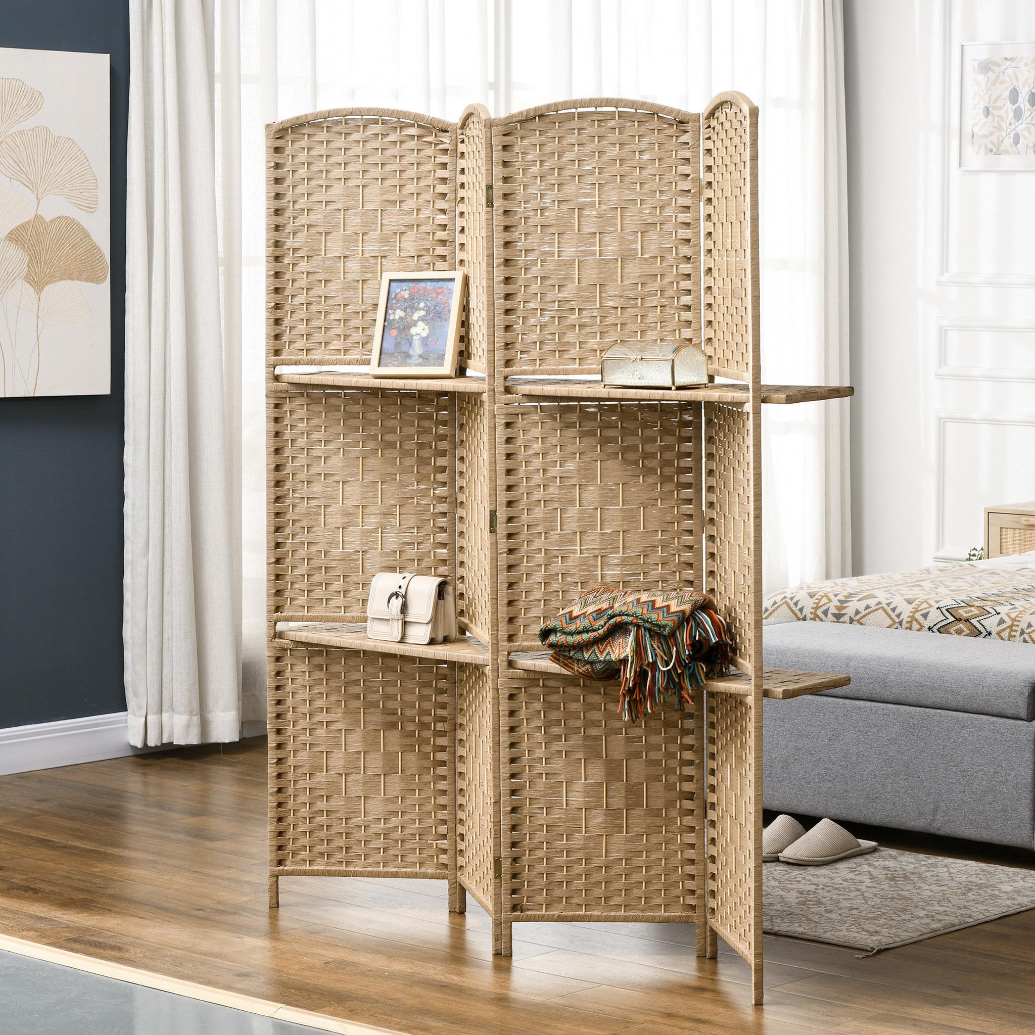 Voir la diapositive 2 : HOMCOM Paravent séparateur de pièce 4 panneaux pliables dim. 160L x 170H cm - 2 étagères - bois fibre papier naturel