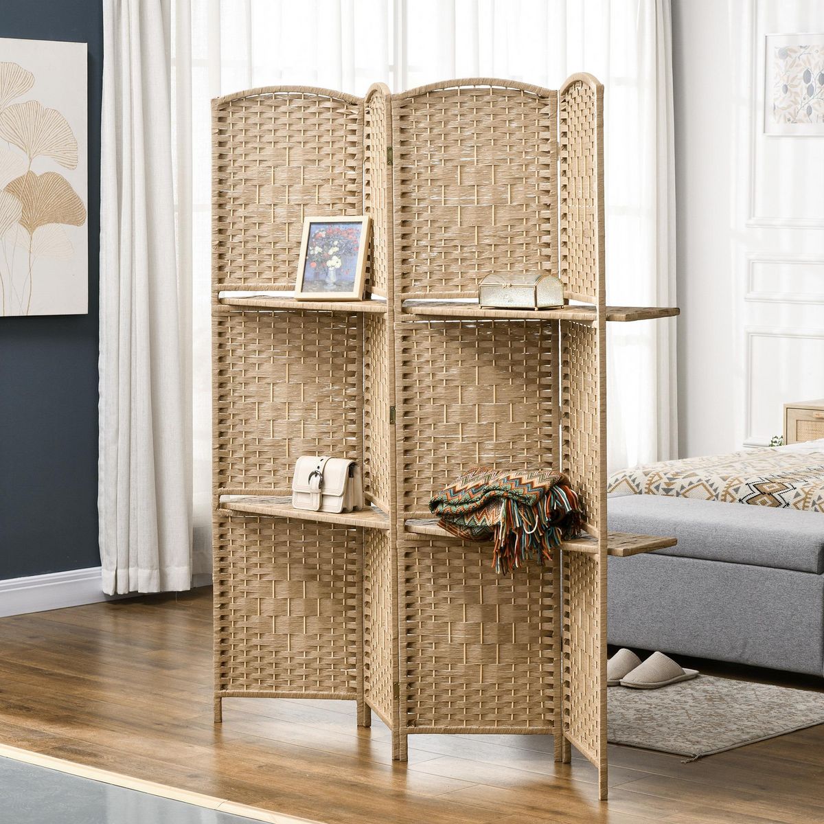 HOMCOM Paravent séparateur de pièce 4 panneaux pliables dim. 160L x 170H cm - 2 étagères - bois fibre papier naturel