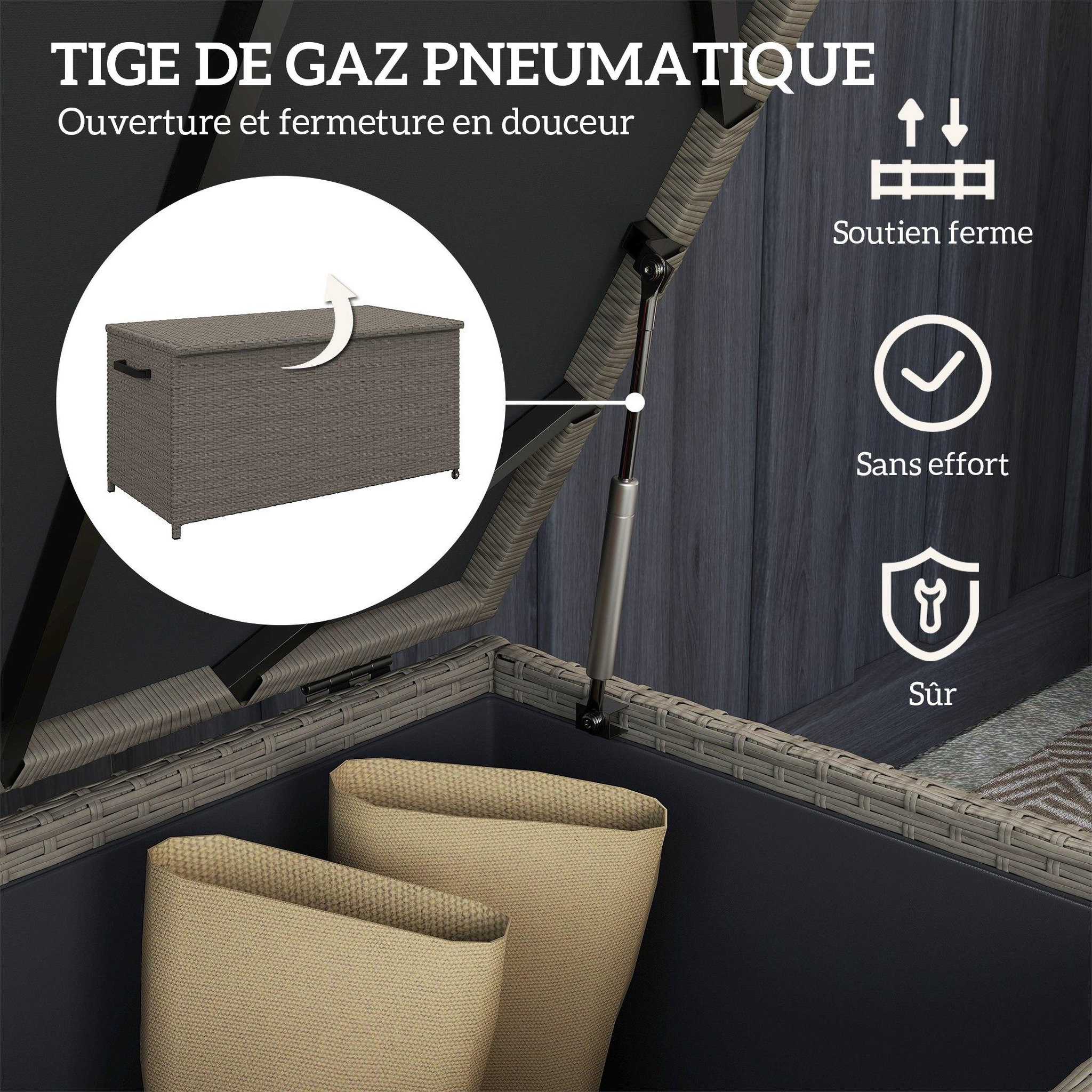 Voir la diapositive 5 : OUTSUNNY Coffre de jardin en résine tressée 184L - 2 roues, poignée, vérins gaz - dim. 102 x 52 x 52 cm - gris