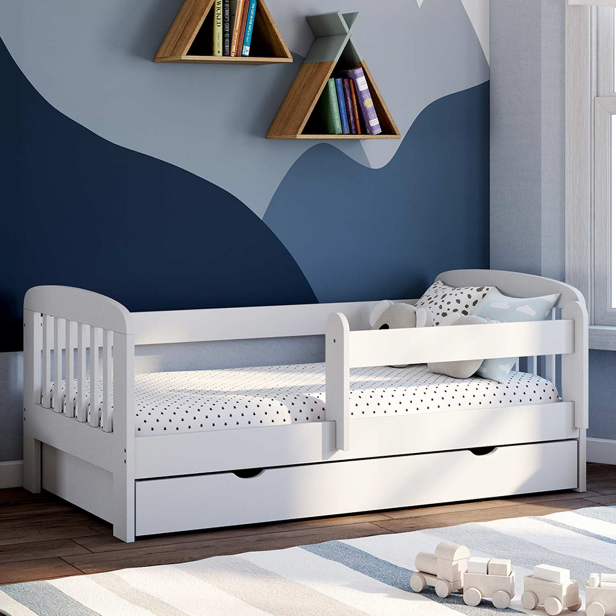 Voir la diapositive 2 : ID MARKET Lit enfant 80 x 160 cm lilia 1 tiroir de rangement avec sommier et barrières