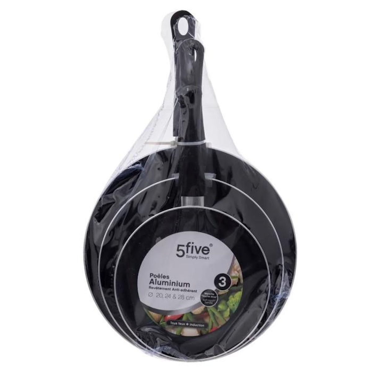 FIVE Lot de 3 Poêles en Aluminium  Indu  20-24-28cm Noir