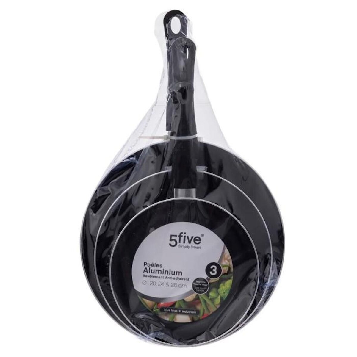 FIVE Lot de 3 Poêles en Aluminium  Indu  20-24-28cm Noir