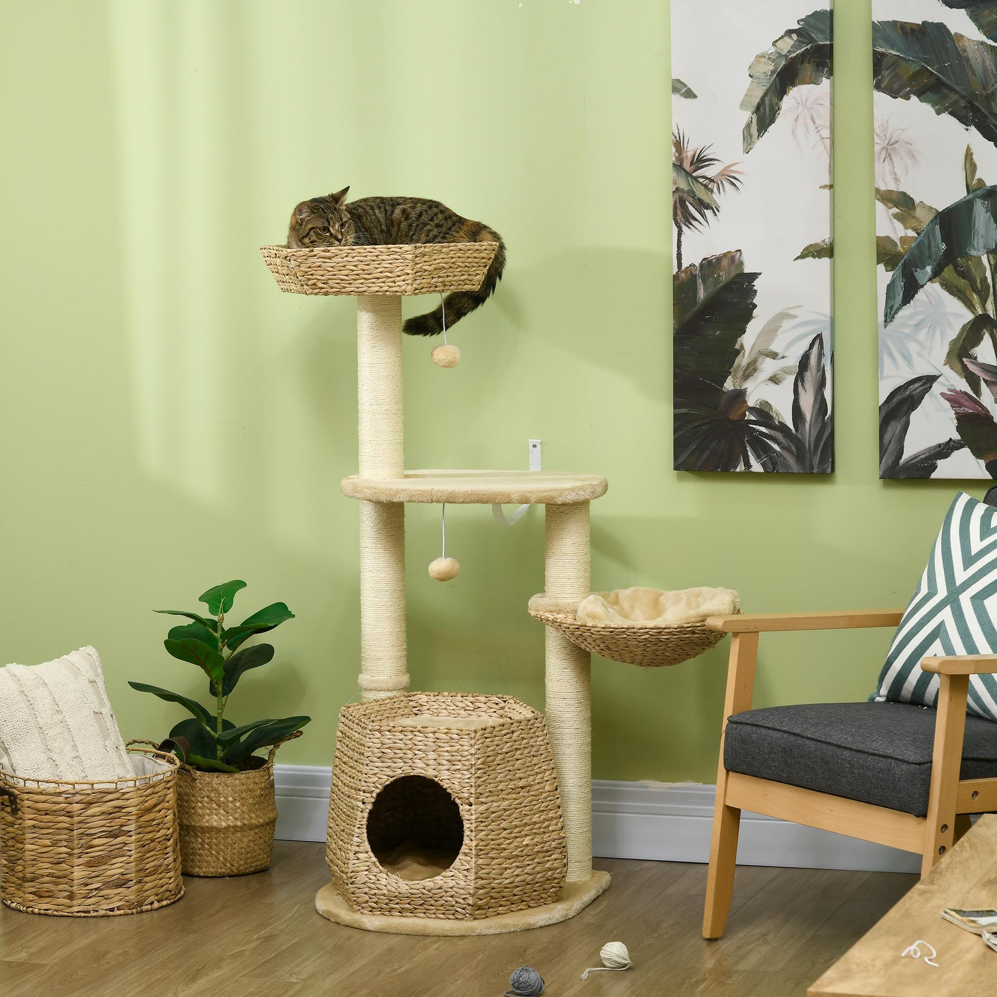 Voir la diapositive 2 : PAWHUT Arbre à chat style cosy chic griffoirs sisal naturel niche 2 paniers avec coussins plateforme 2 boules suspendues quenouille peluche courte crème beige
