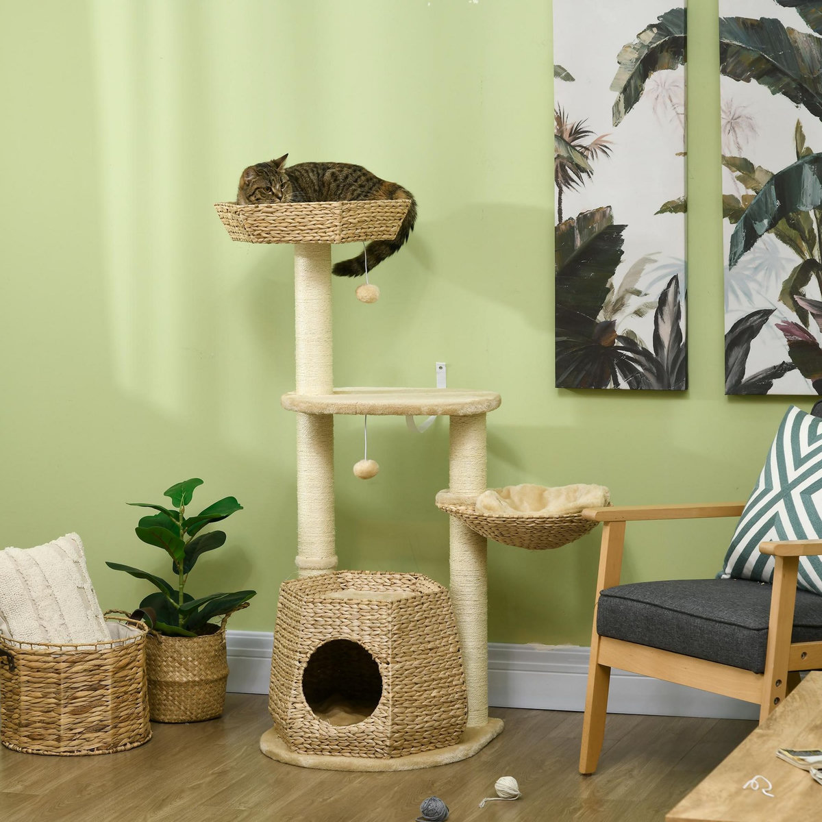 PAWHUT Arbre à chat style cosy chic griffoirs sisal naturel niche 2 paniers avec coussins plateforme 2 boules suspendues quenouille peluche courte crème beige