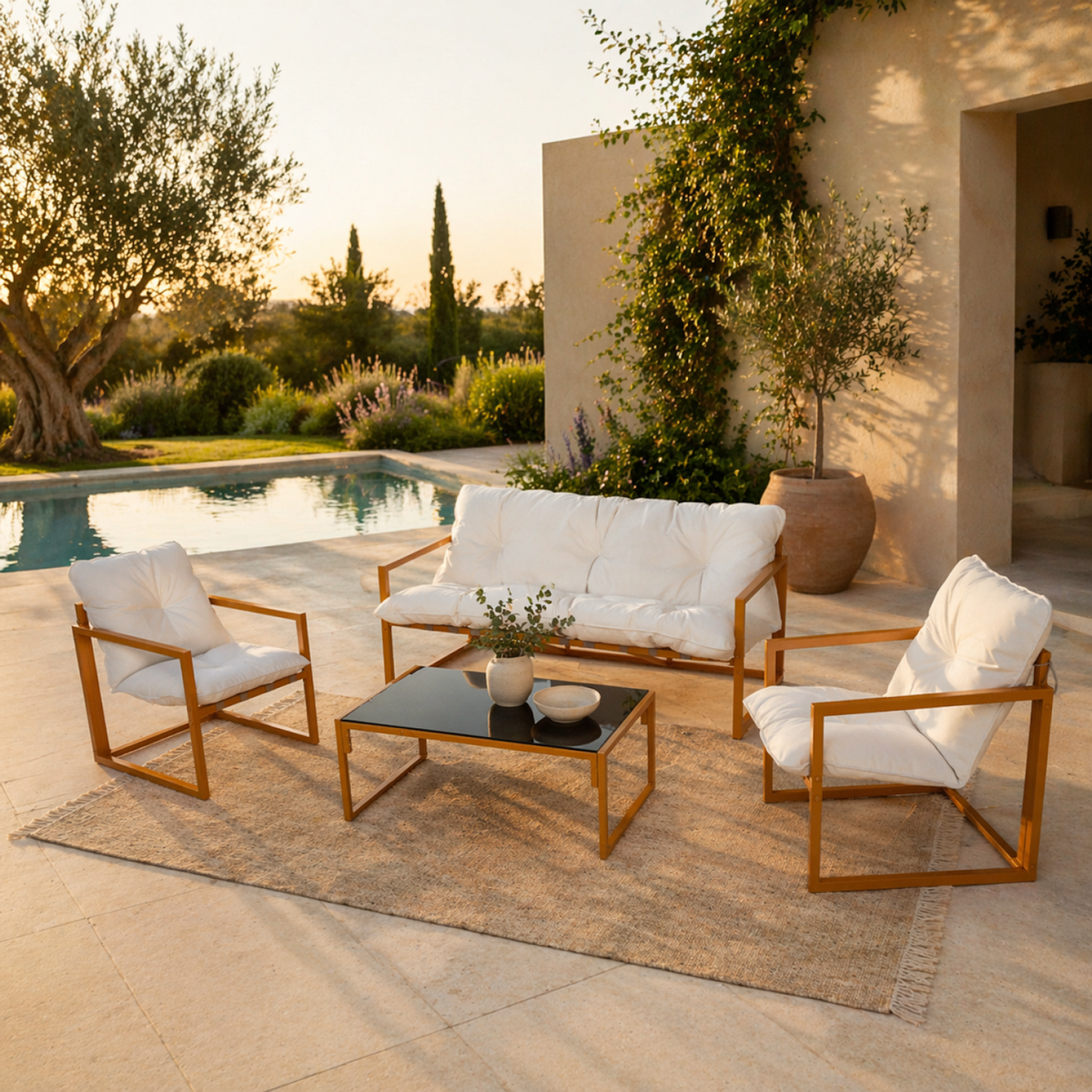 CONCEPT USINE Salon de jardin 5 places contemporain marron et coussins beiges RABAT