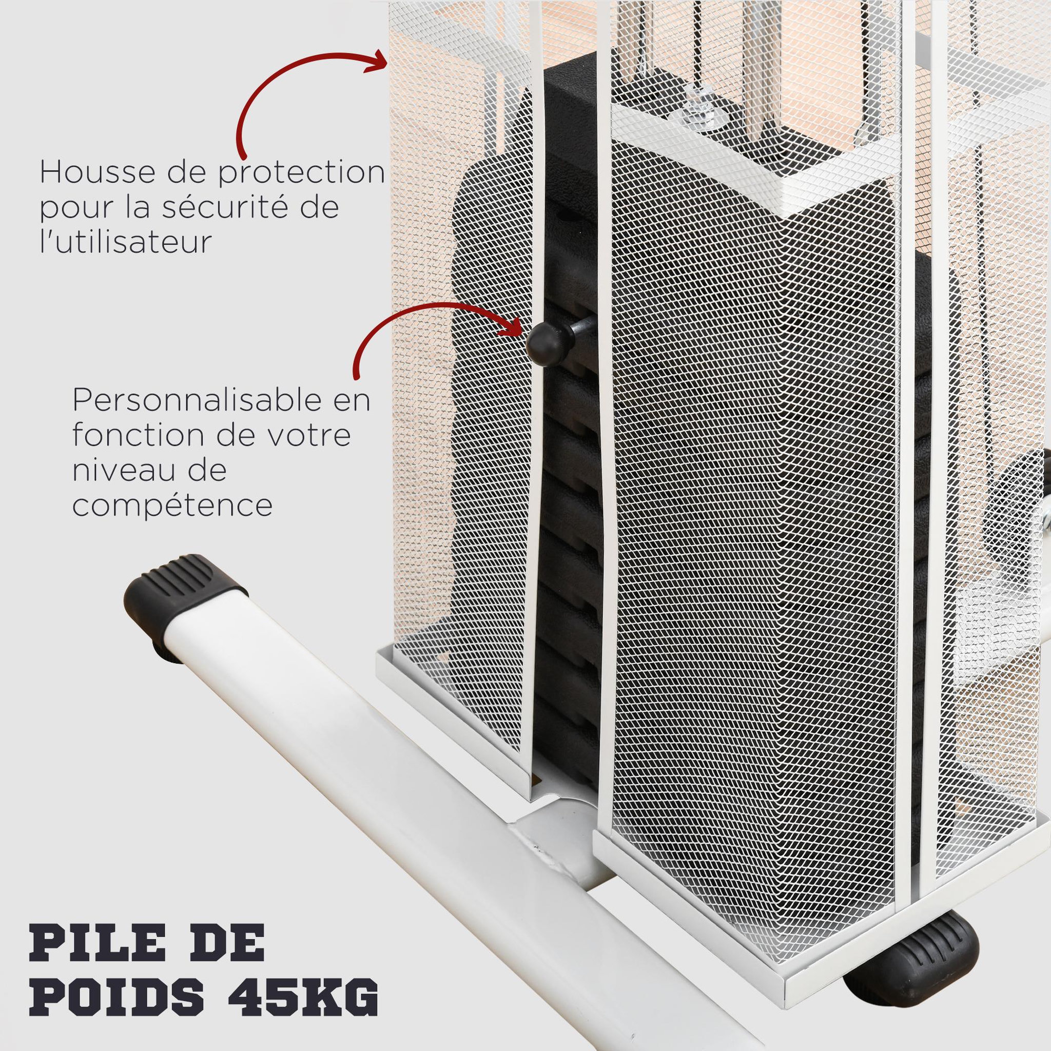 Voir la diapositive 5 : HOMCOM Station de musculation - entrainement complet - développé couché, butterfly, barre latissimus, curler, bande résistance - 10 contrepoids - acier blanc