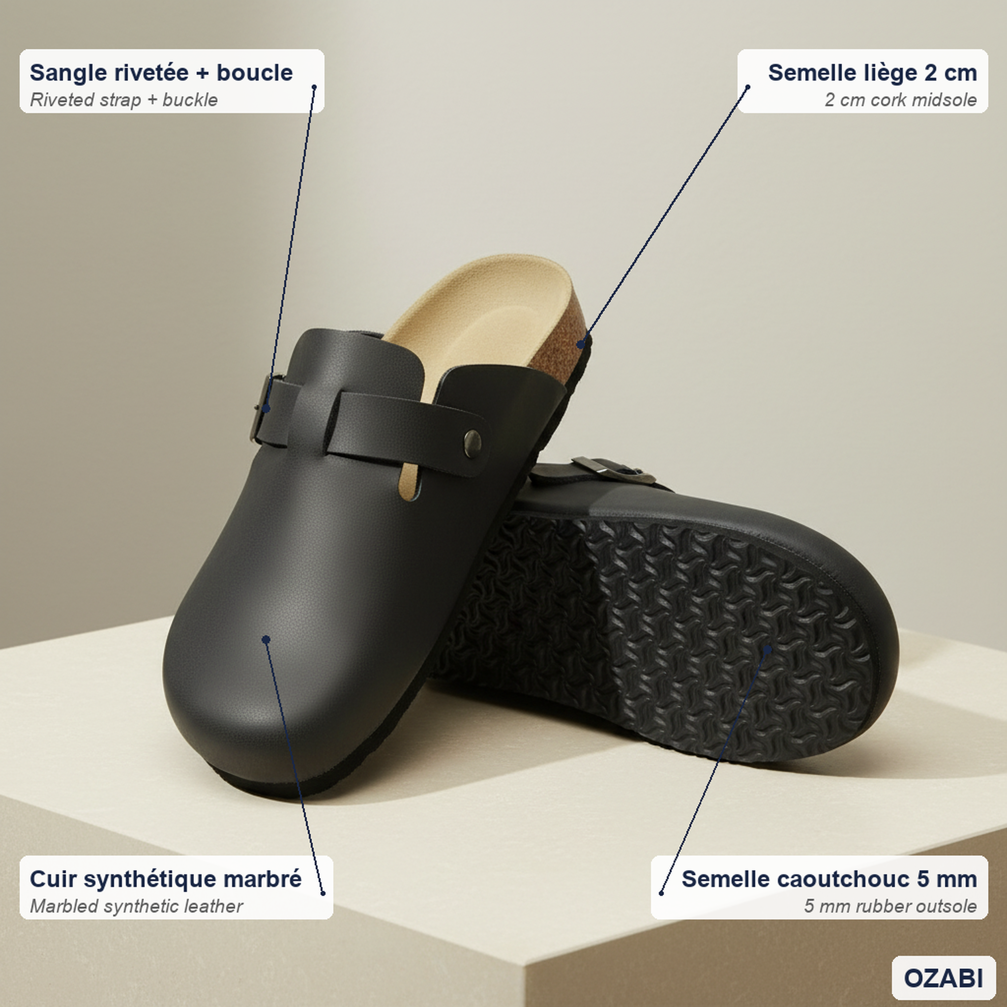 Voir la diapositive 4 : OZABI Ozabi sabots homme cuir synthétique boucle ajustable semelle liège