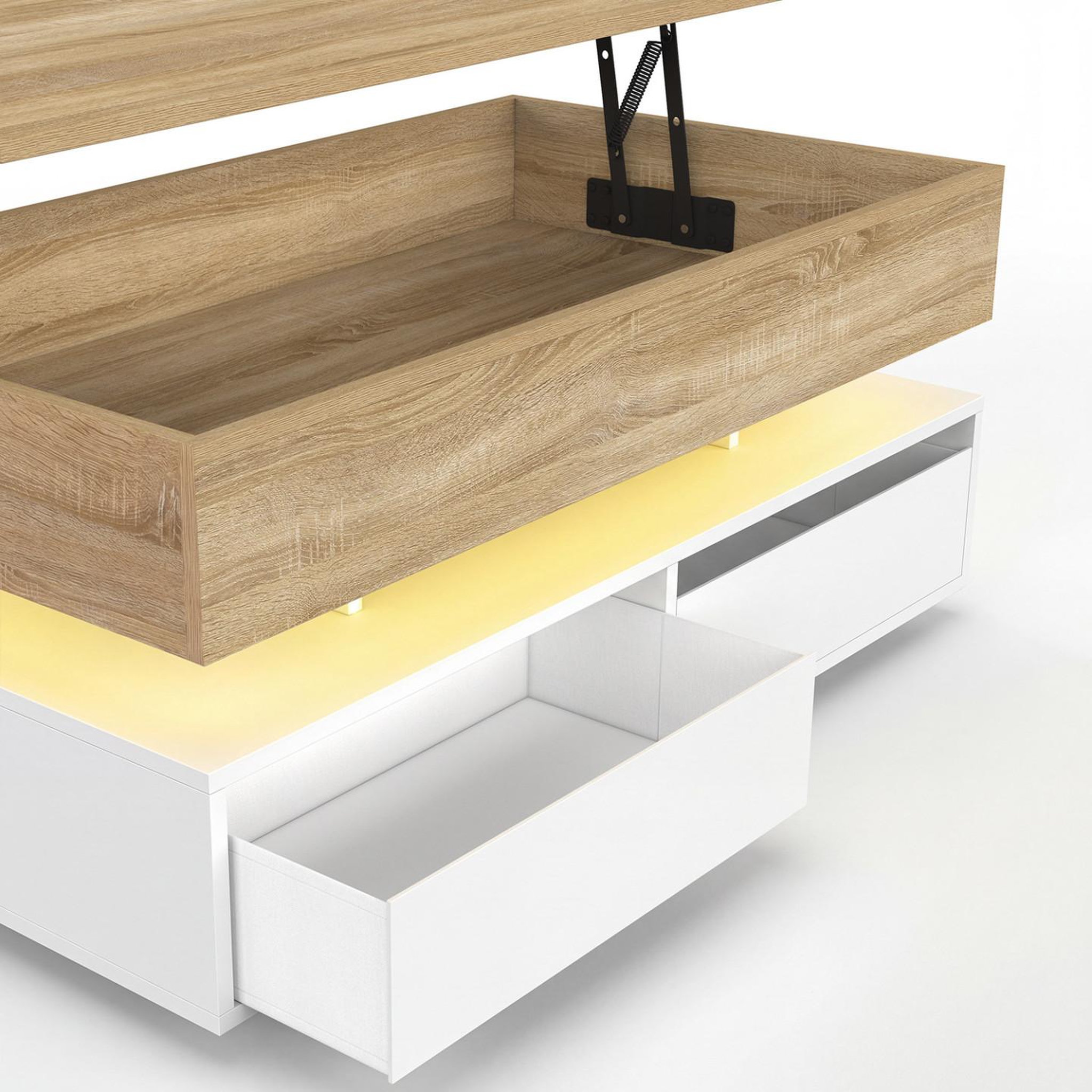 Voir la diapositive 6 : ID MARKET Table basse plateau relevable rectangulaire elsa 90 cm 4 tiroirs avec led en bois blanc et plateau façon hêtre
