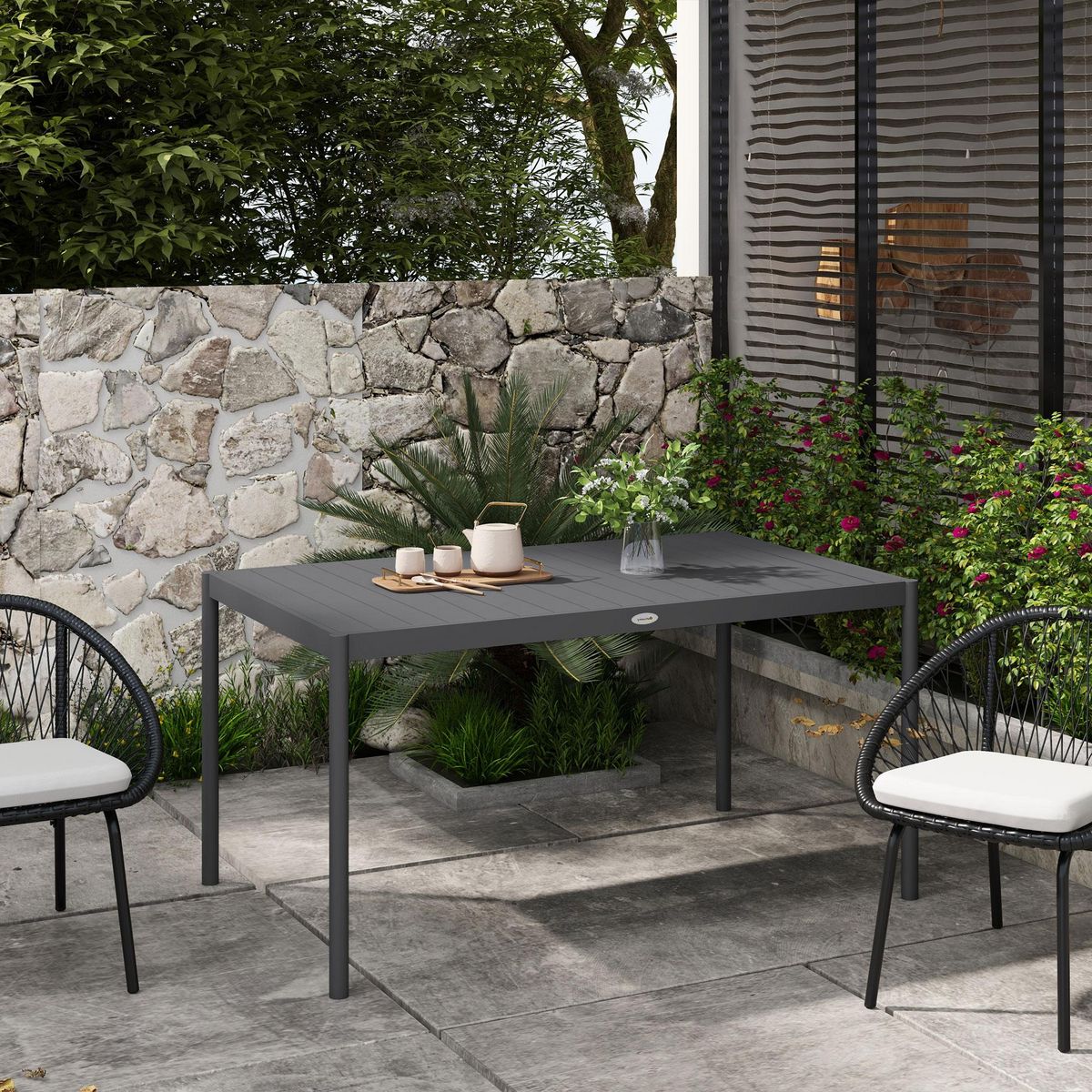 OUTSUNNY Table de jardin rectangulaire 6 personnes plateau lattes aspect bois alu gris