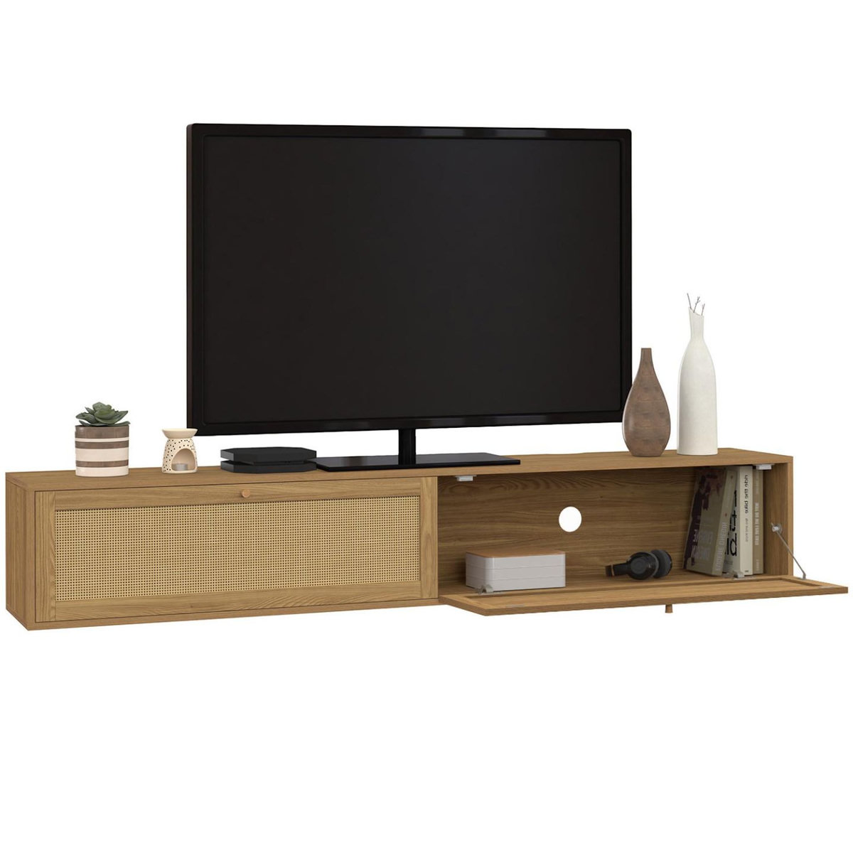 ID MARKET Meuble TV 180 cm suspendu HANAE 2 portes effet naturel cannage