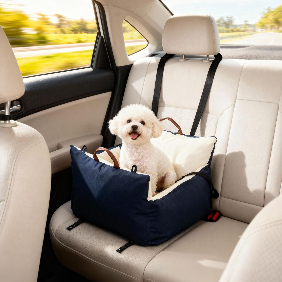 PAWHUT Siège auto sac de transport chien 2 en 1 - réglable - coussin déhoussable - coton bleu écru