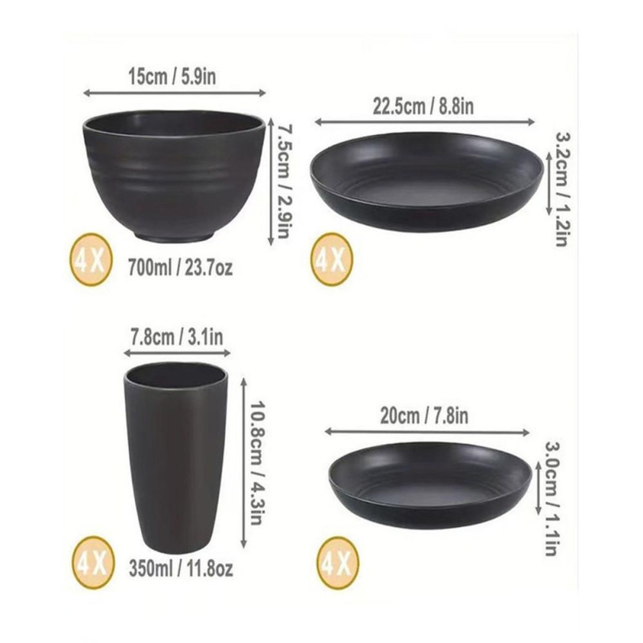 Voir la diapositive 6 : Service de table 16 pièces noir mat en PP sans BPA pour 4 : assiettes, bols et verres