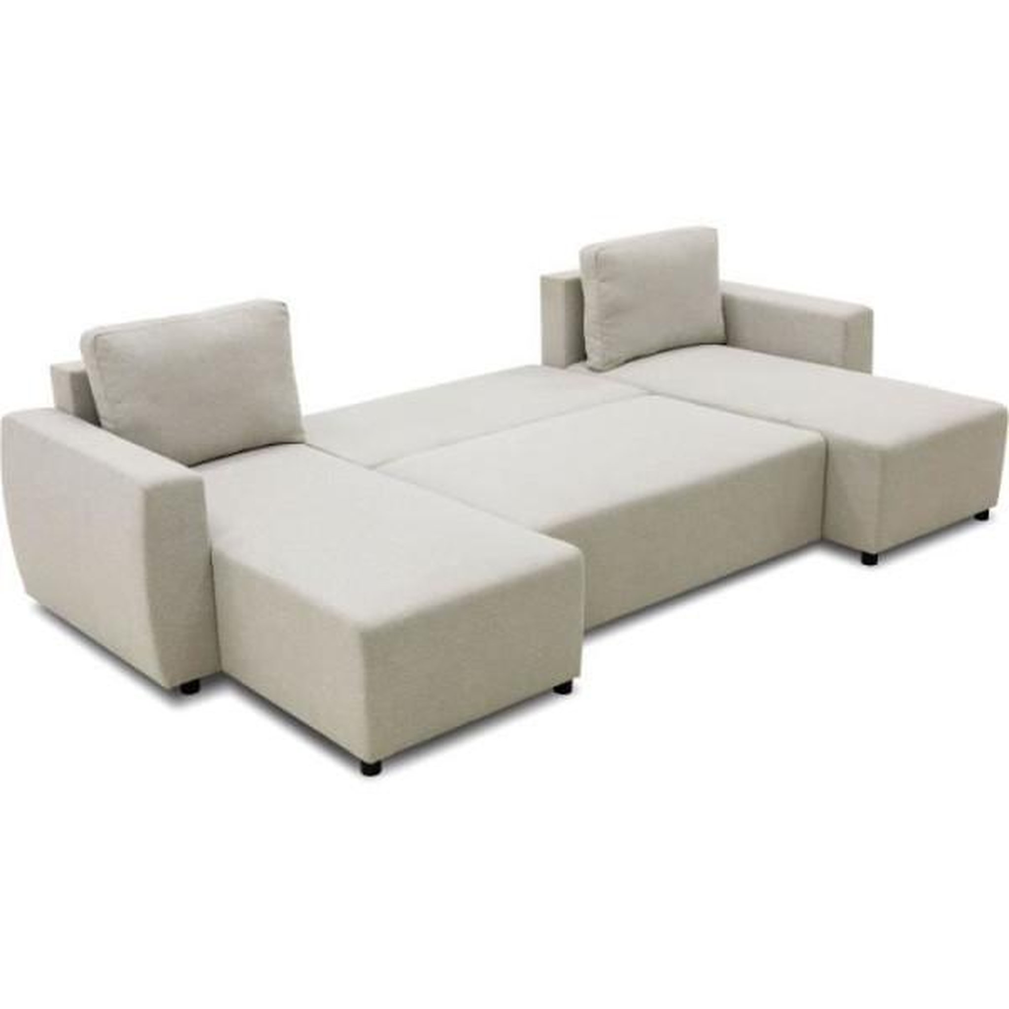 Voir la diapositive 5 : MARKET24 Canapé d'angle convertible panoramique PHARELL 5/6 places - Tissu beige - Coffre de rangement - L297 x P155 x H85 cm