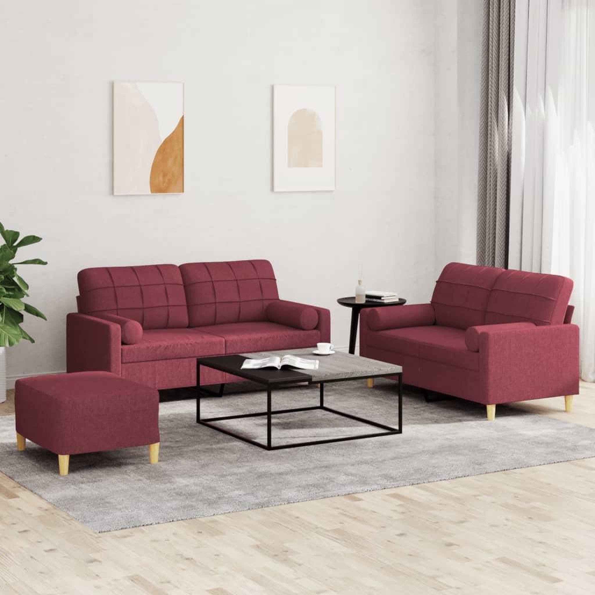 VIDAXL Ensemble de canapes 3 pcs avec coussins rouge bordeaux tissu