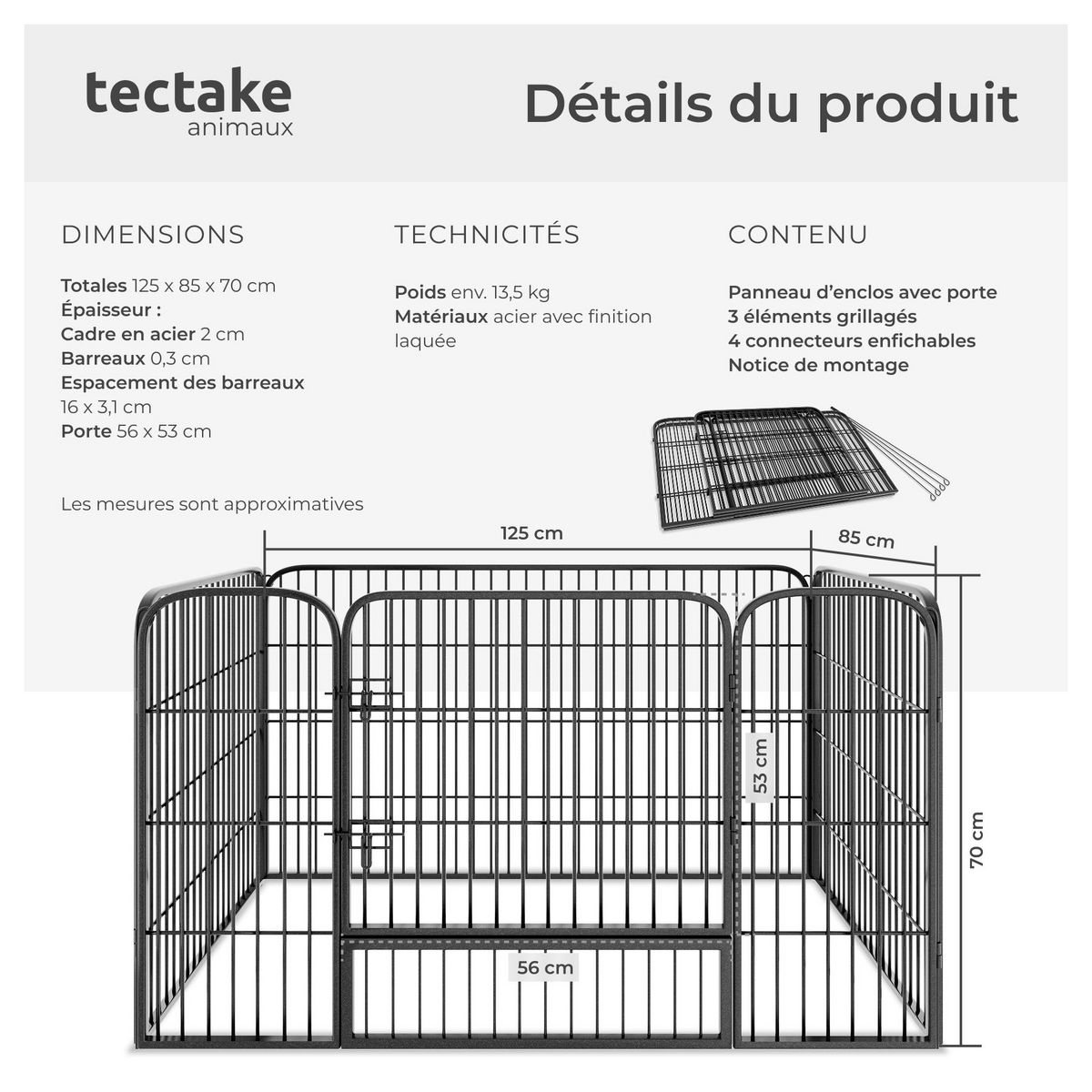 tectake Enclos pour chiots et chiens en 4 parties pliables et modulables gris