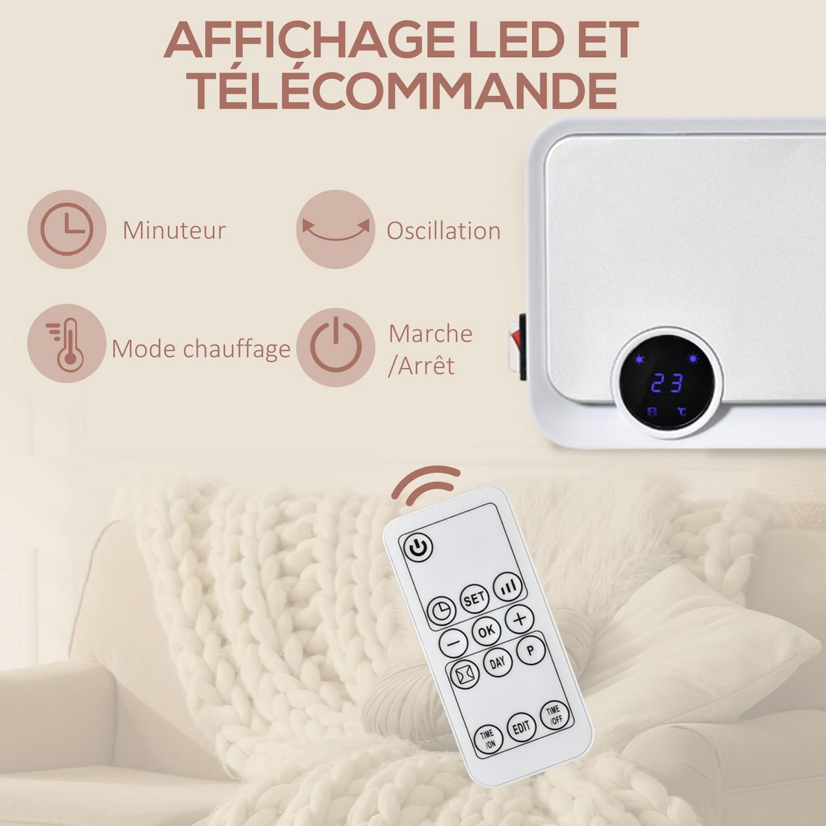 HOMCOM Radiateur mural soufflant oscillant 2000 W - chauffage céramique PTC - 3 niveaux de puissance - télécommande incluse blanc argenté