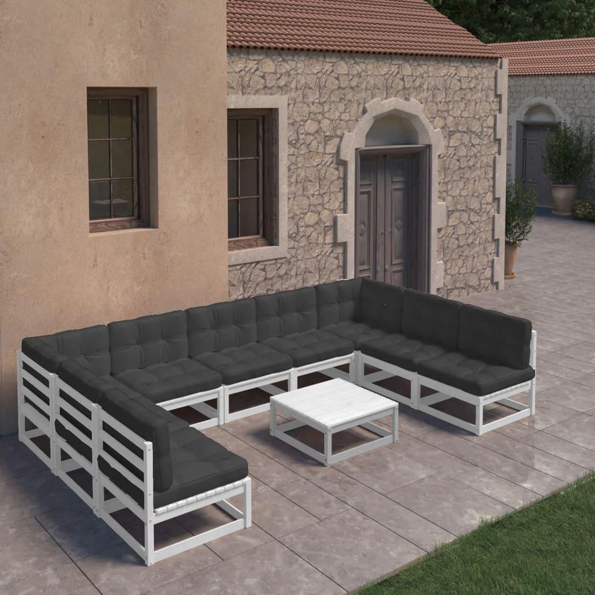 Voir la diapositive 1 : VIDAXL Salon de jardin 10 pcs avec coussins Blanc Bois de pin massif