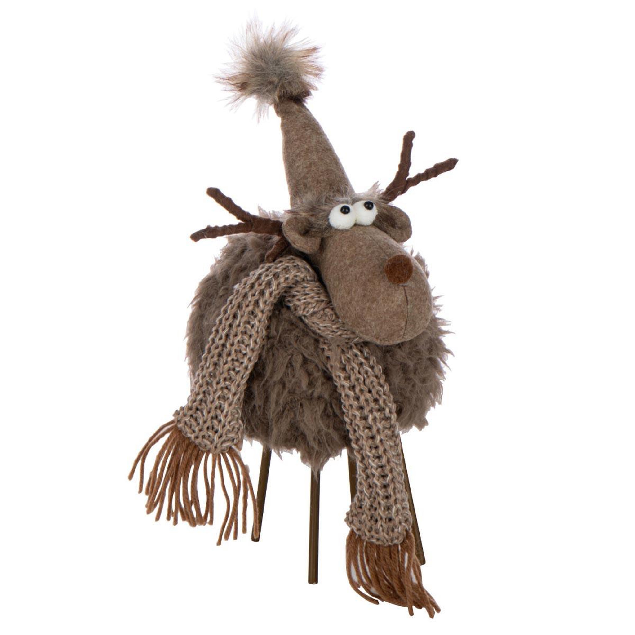 J-LINE Statuette renne déco  bonnet & foulard  36cm marron