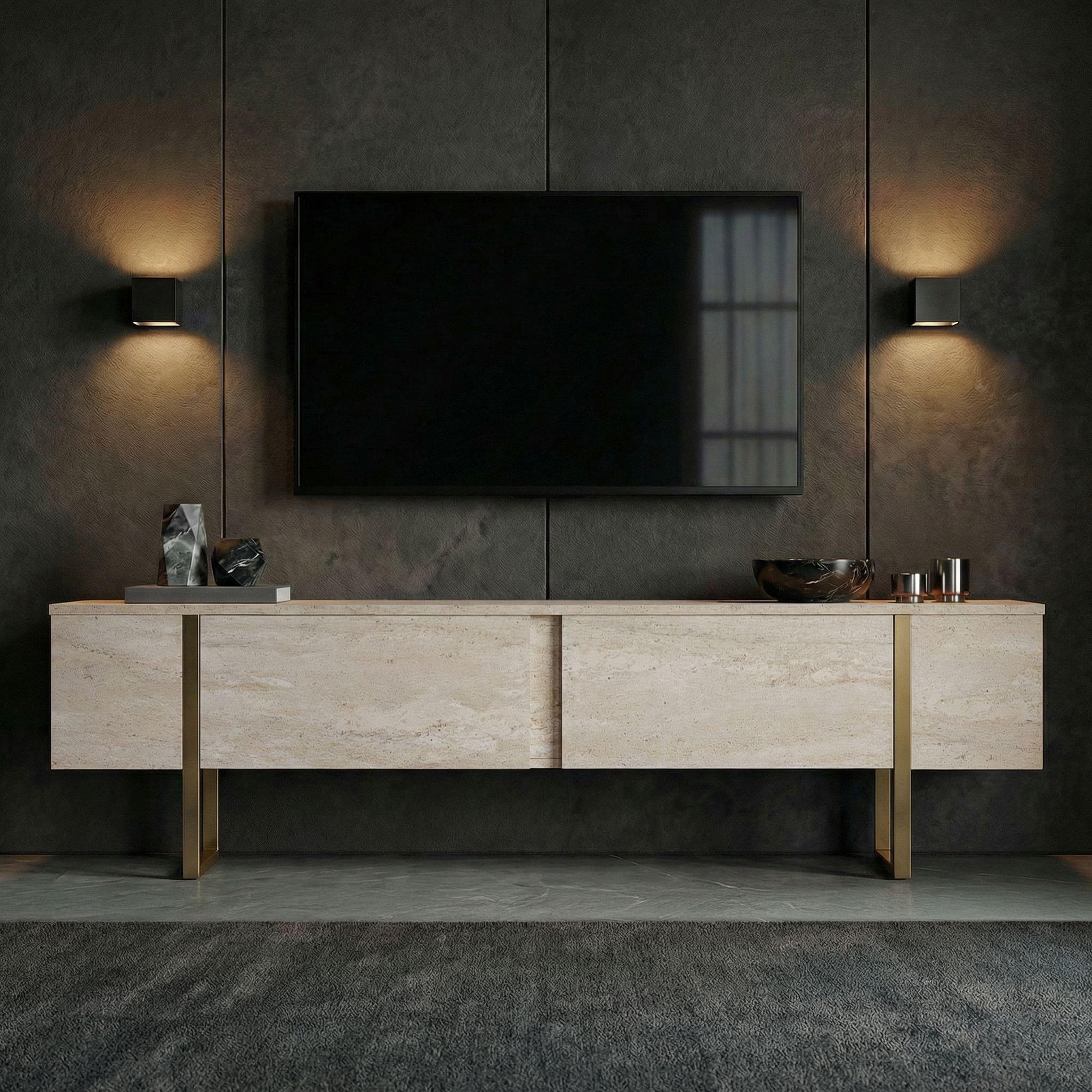 Voir la diapositive 3 : Habitat et Jardin Meuble tv en bois  onera  - 180 x 30 x 50 cm - travertin / or